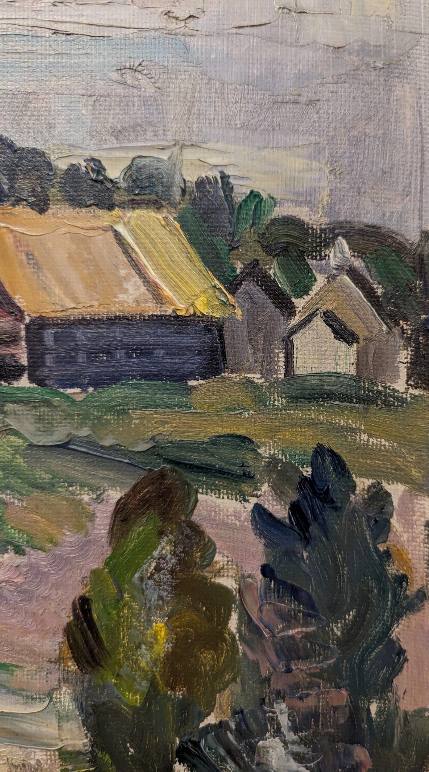 Vintage Mid-Century Swedish Framed Oil Painting - Houses in Landscape 1