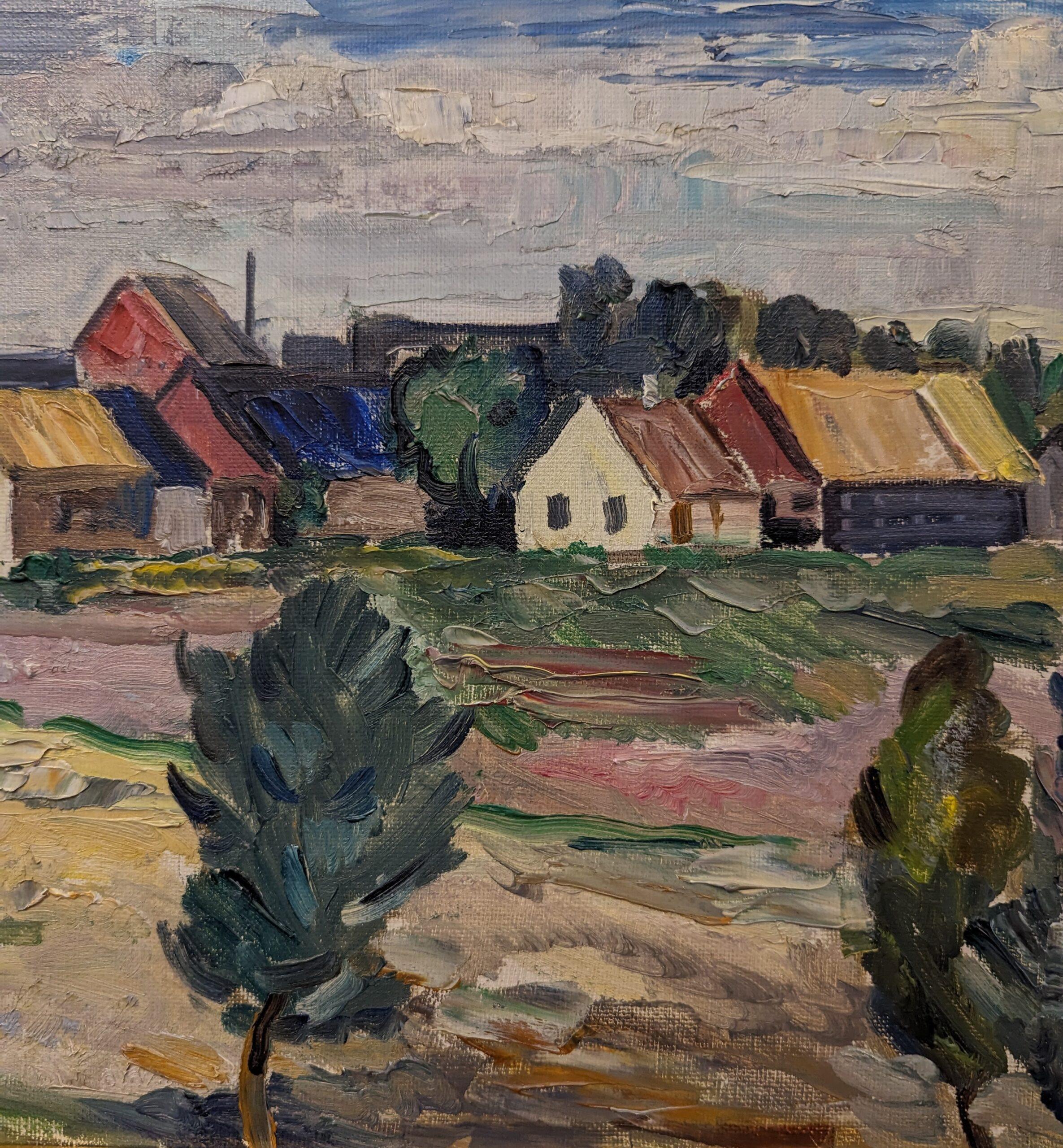 Vintage Mid-Century Swedish Framed Oil Painting - Houses in Landscape 4