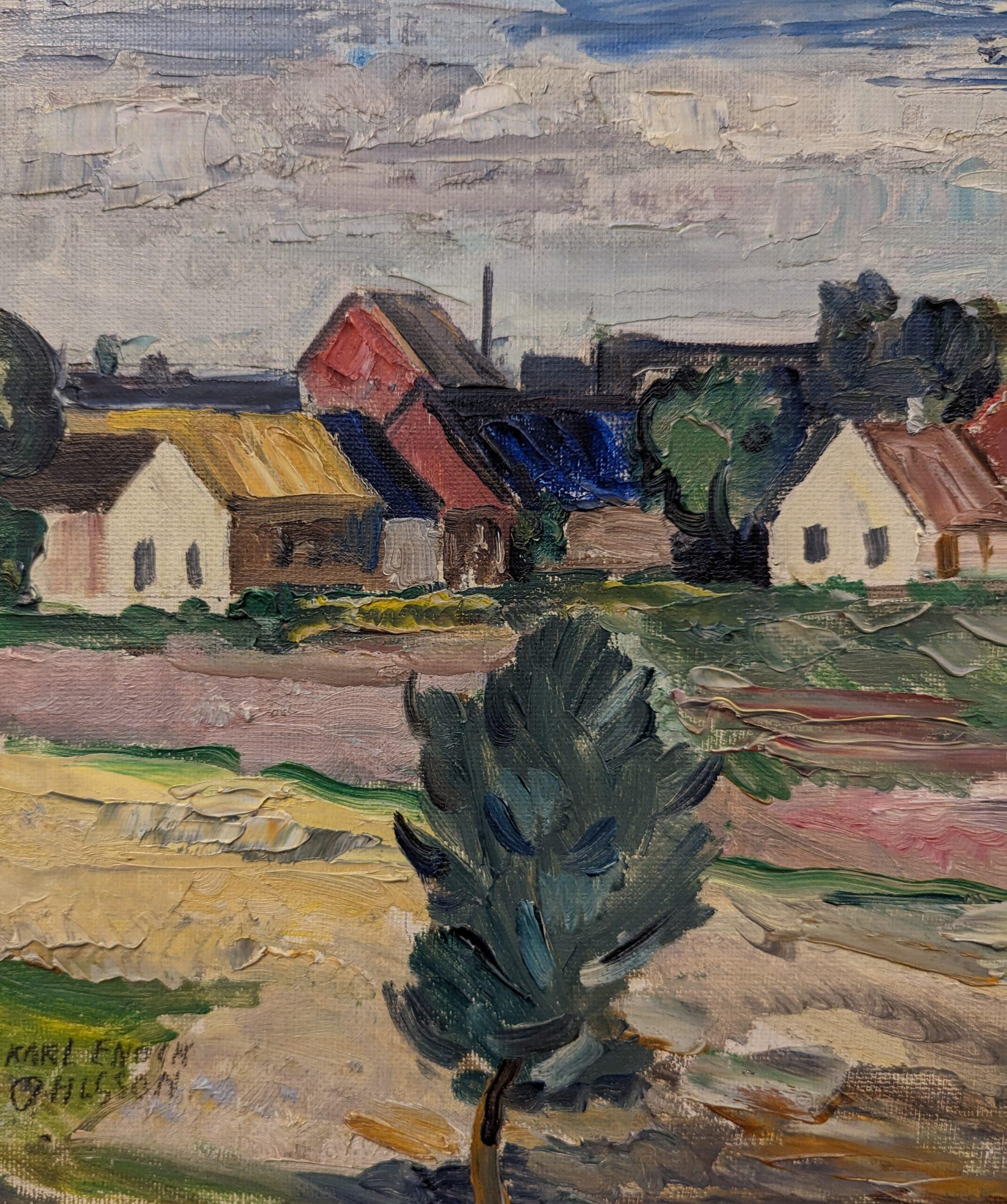 Vintage Mid-Century Swedish Framed Oil Painting - Houses in Landscape 5