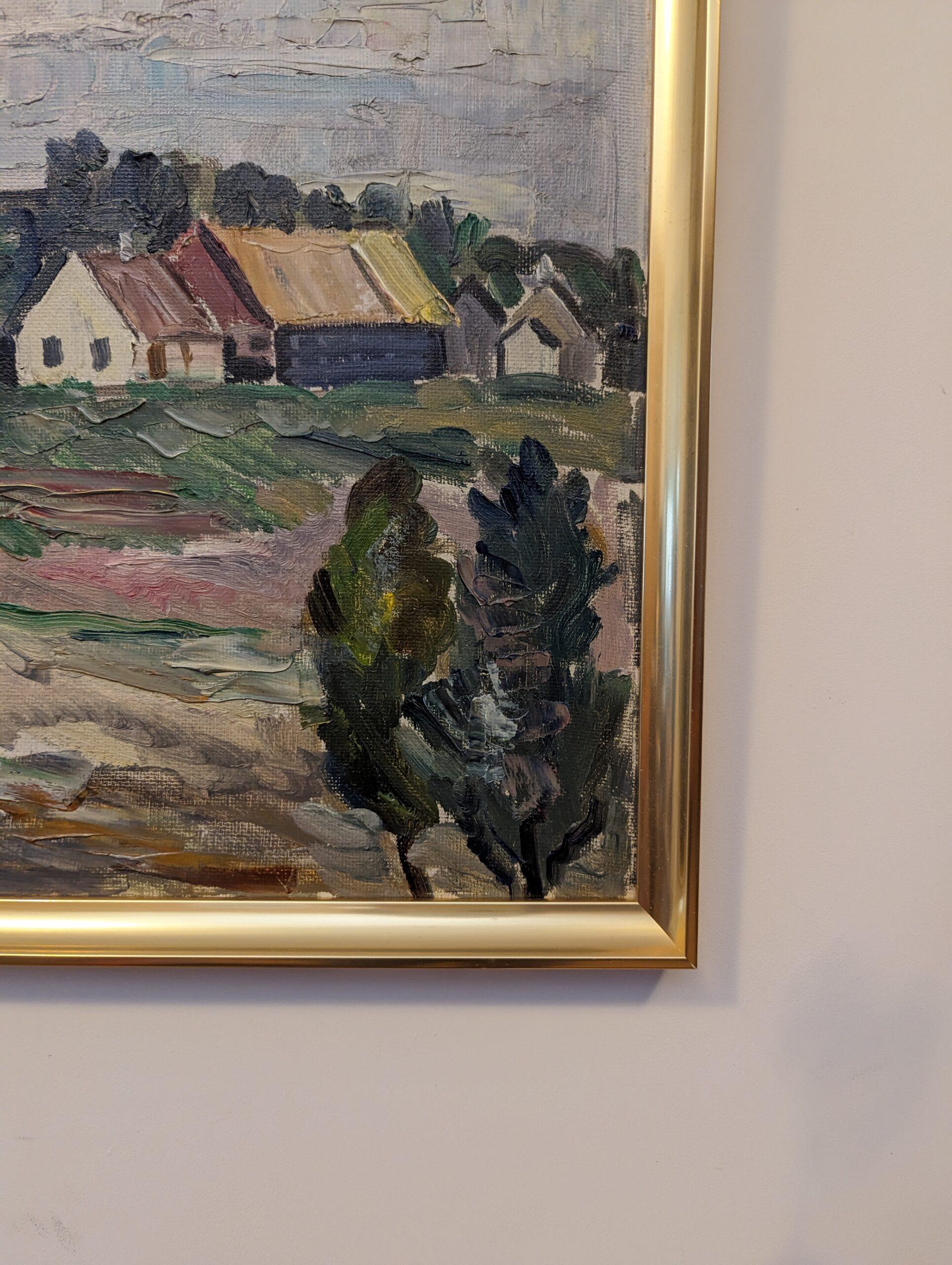Vintage Mid-Century Swedish Framed Oil Painting - Houses in Landscape 6