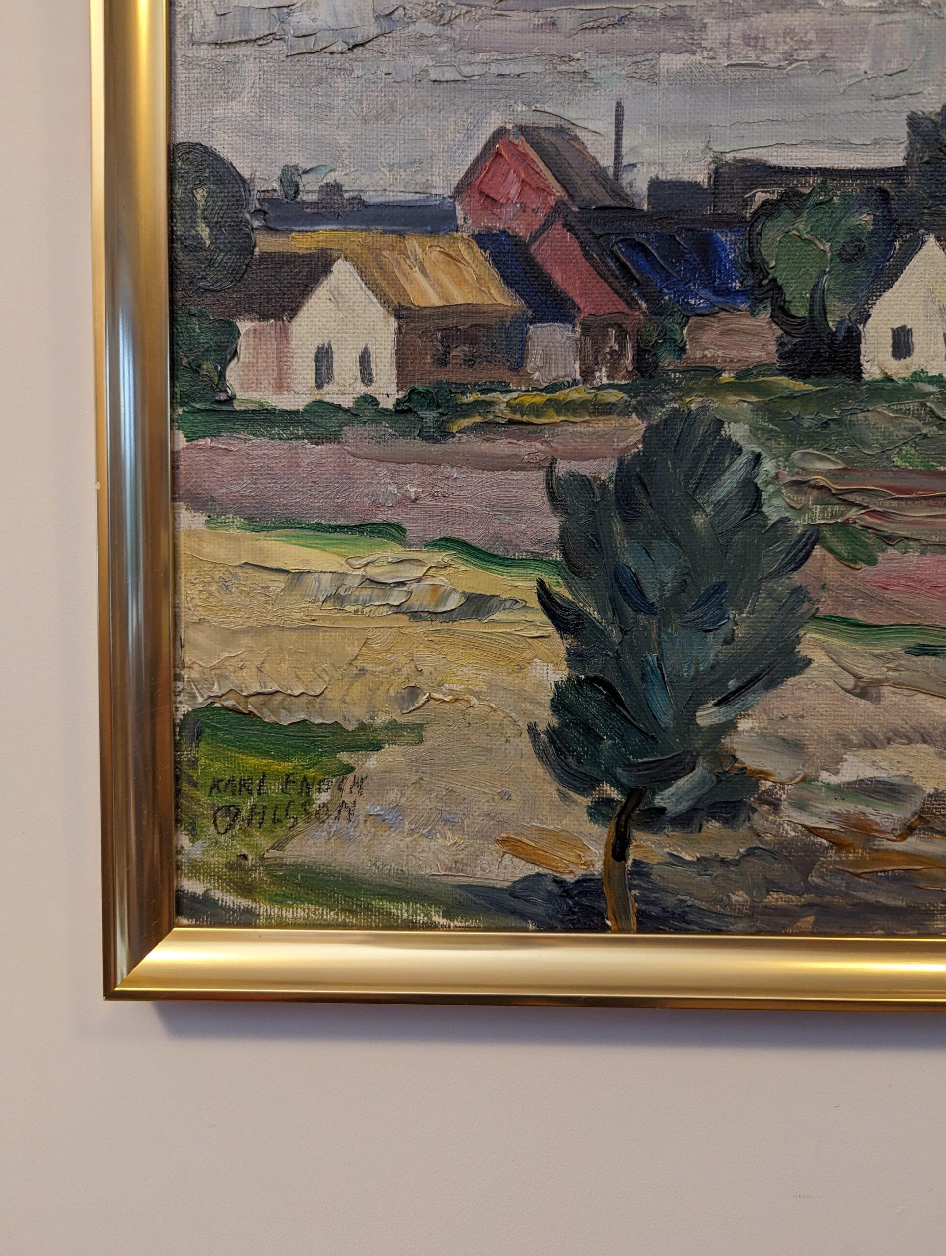 Vintage Mid-Century Swedish Framed Oil Painting - Houses in Landscape 7