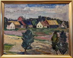 Vintage Mid-Century Swedish Framed Oil Painting - Houses in Landscape