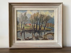 Vintage Mid-Century Swedish Framed Oil Painting - Riverbank - Framed Landscape