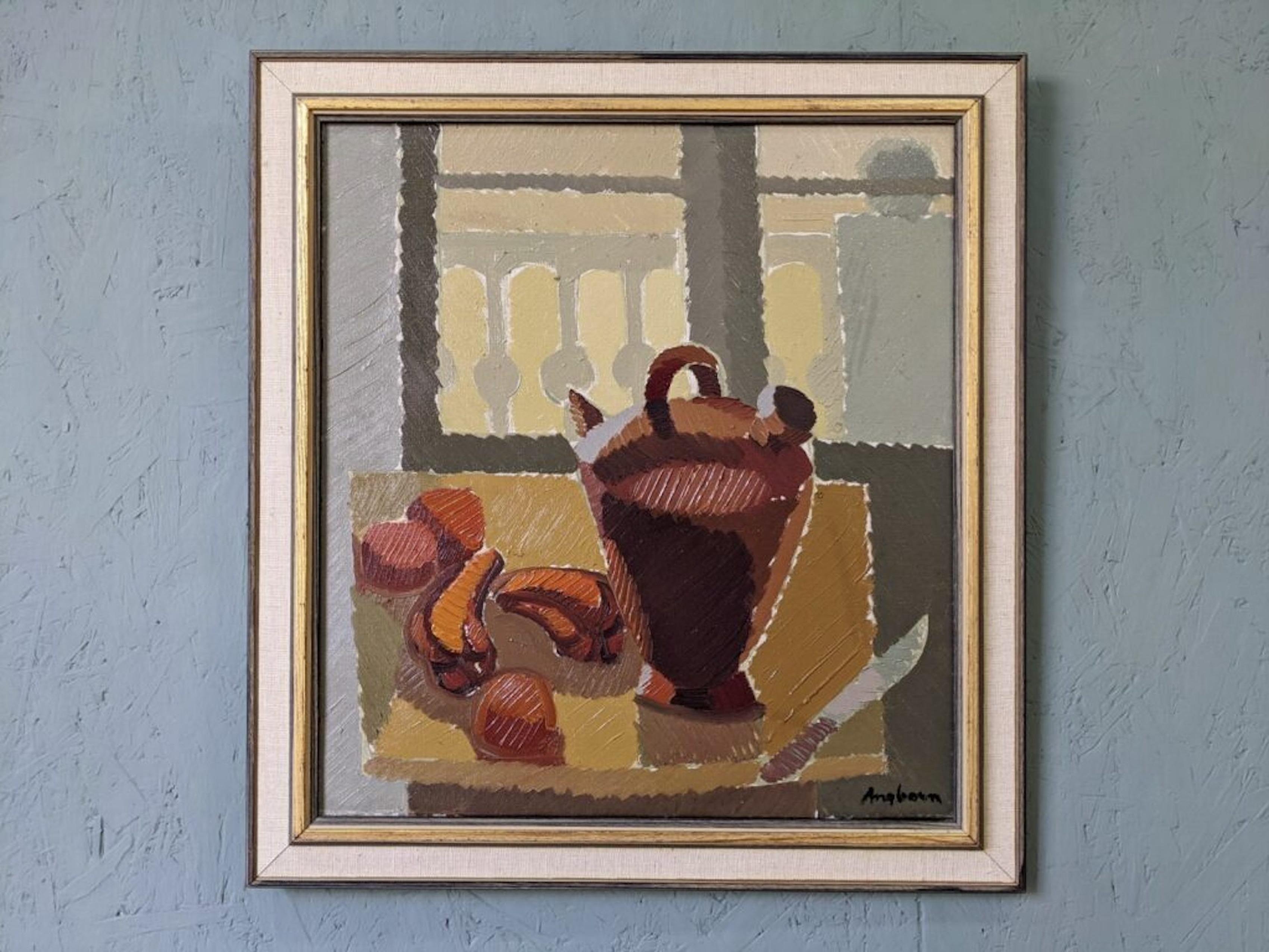 Still Life by the Window
Size: 55 x 51 cm (including frame)
Oil on Canvas

A delightful mid 20th century still life composition, executed in oil onto canvas.

The composition presents an interior setting, where a brown jug, red peppers, onions and a