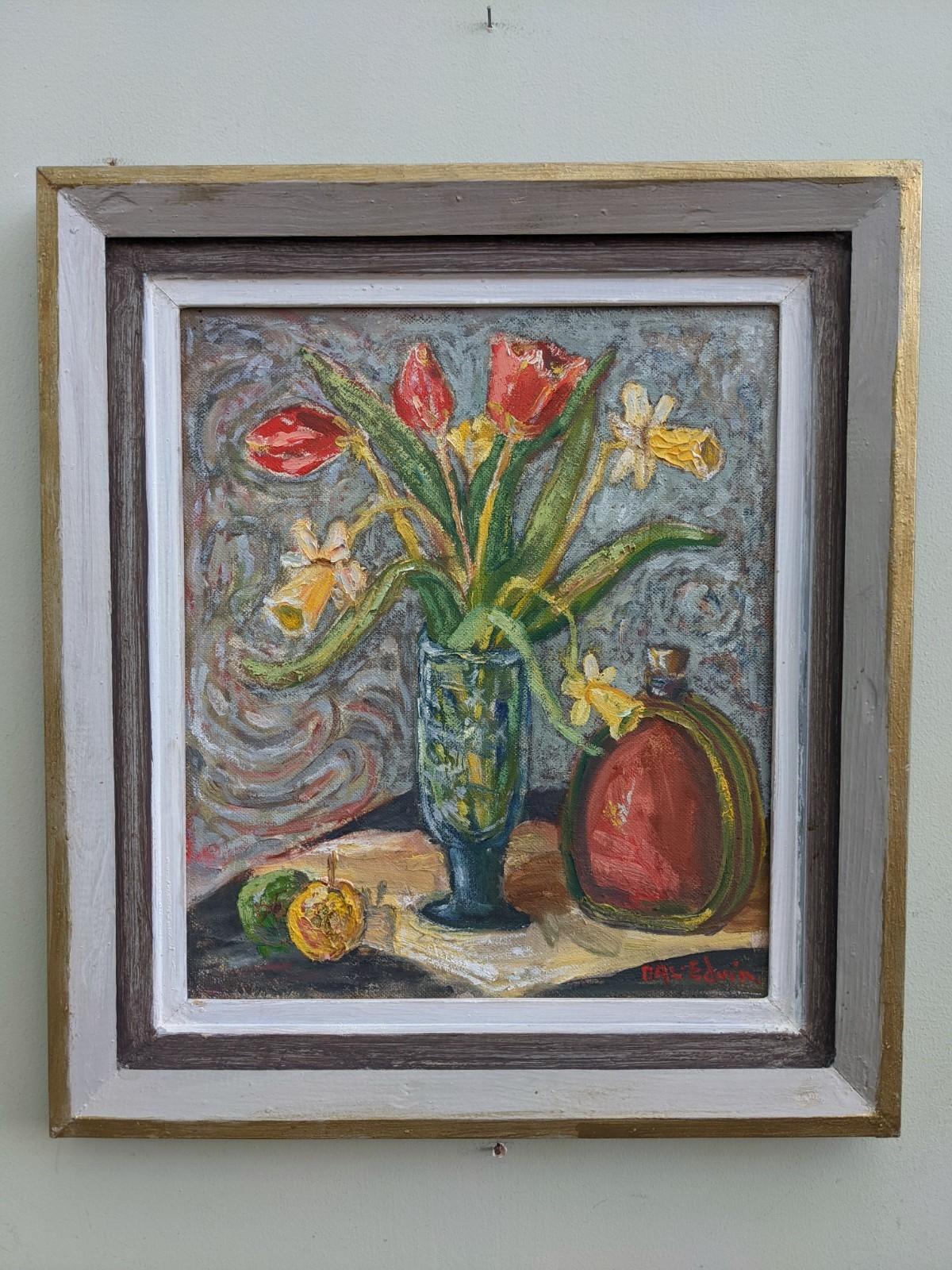 Quadro ad olio con cornice svedese della metà del secolo scorso - Natura morta con tulipani 3
