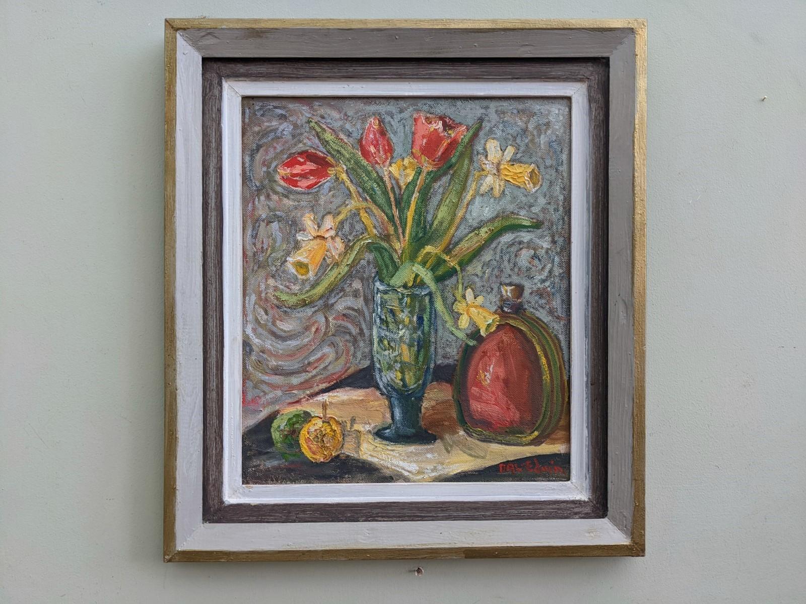 Vintage Mid-Century Swedish Framed Oil Painting - Still Life with Tulips - Gray Still-Life Painting by Unknown