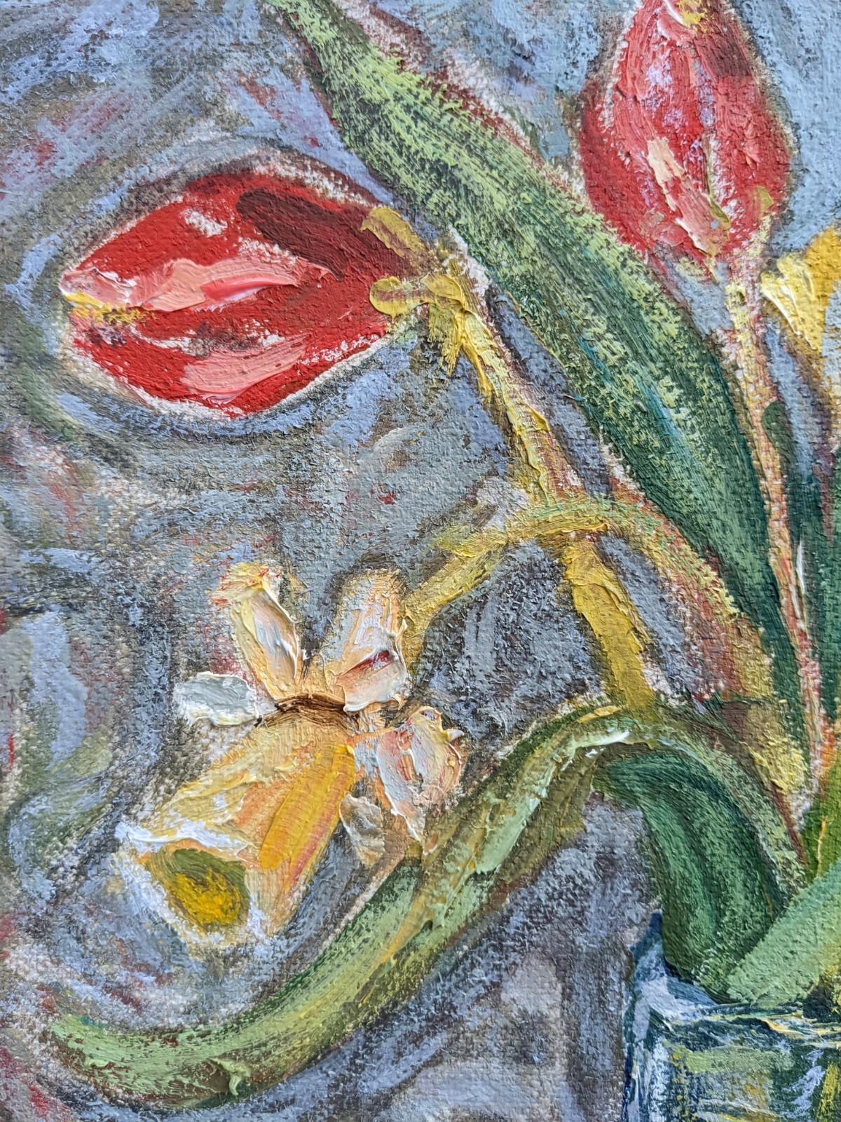 Quadro ad olio con cornice svedese della metà del secolo scorso - Natura morta con tulipani - Painting Espressionista di Unknown