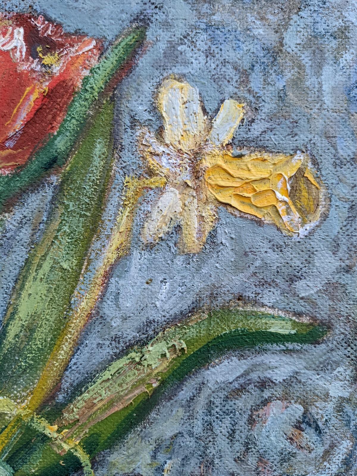 Quadro ad olio con cornice svedese della metà del secolo scorso - Natura morta con tulipani 1