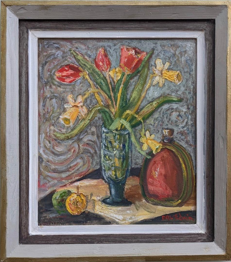 Unknown Still-Life Painting - Vintage Mid-Century Swedish Framed Oil Painting - Still Life with Tulips