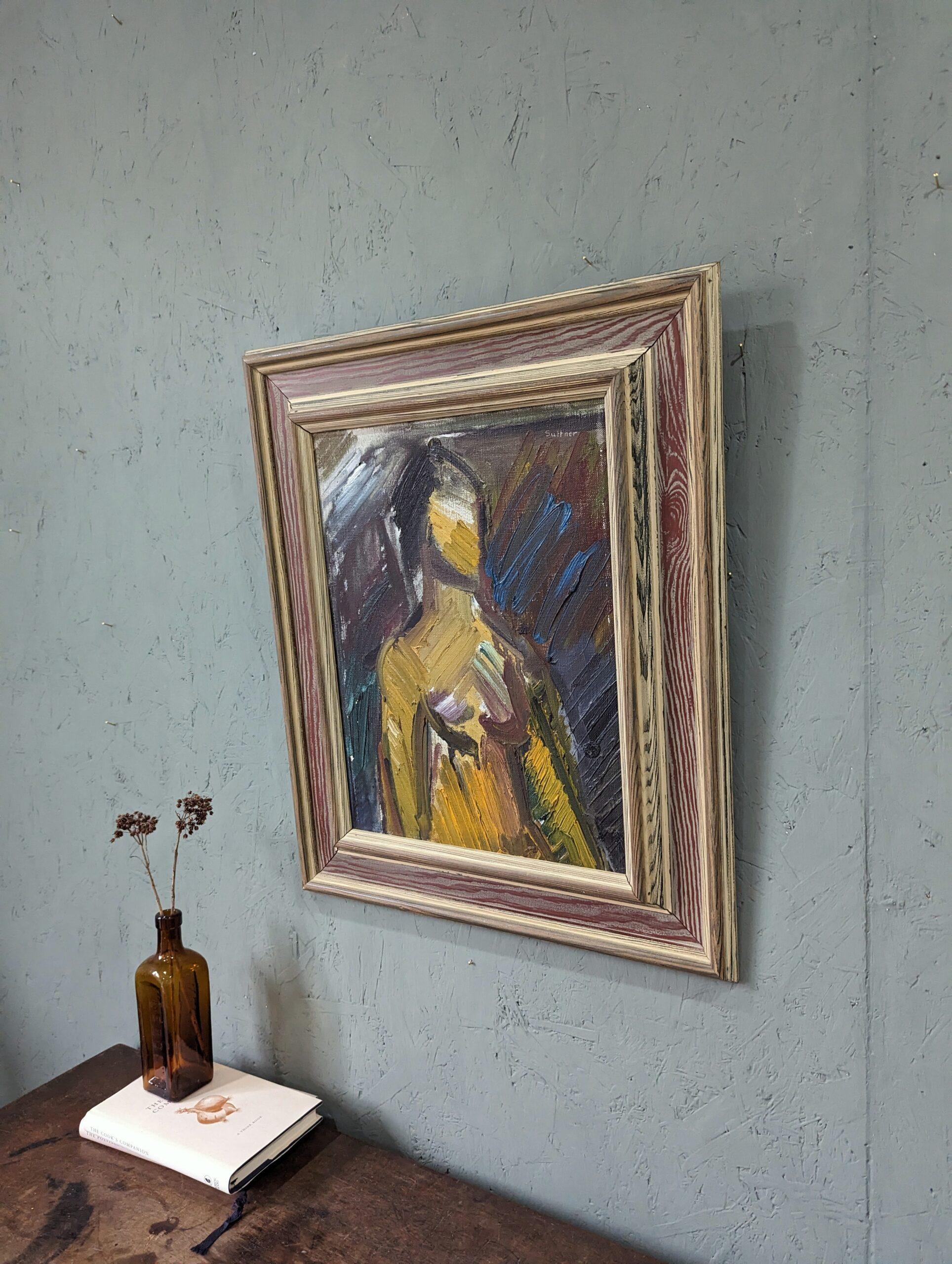 PAINTERLY PORTRAIT
Size: 53 x 44 cm (including frame)
Oil on canvas

A very striking and emotive mid-century figurative portrait, executed in oil onto canvas.

The painting portrays a silhouette of a solitary figure, bathed in a luminous yellow hue.