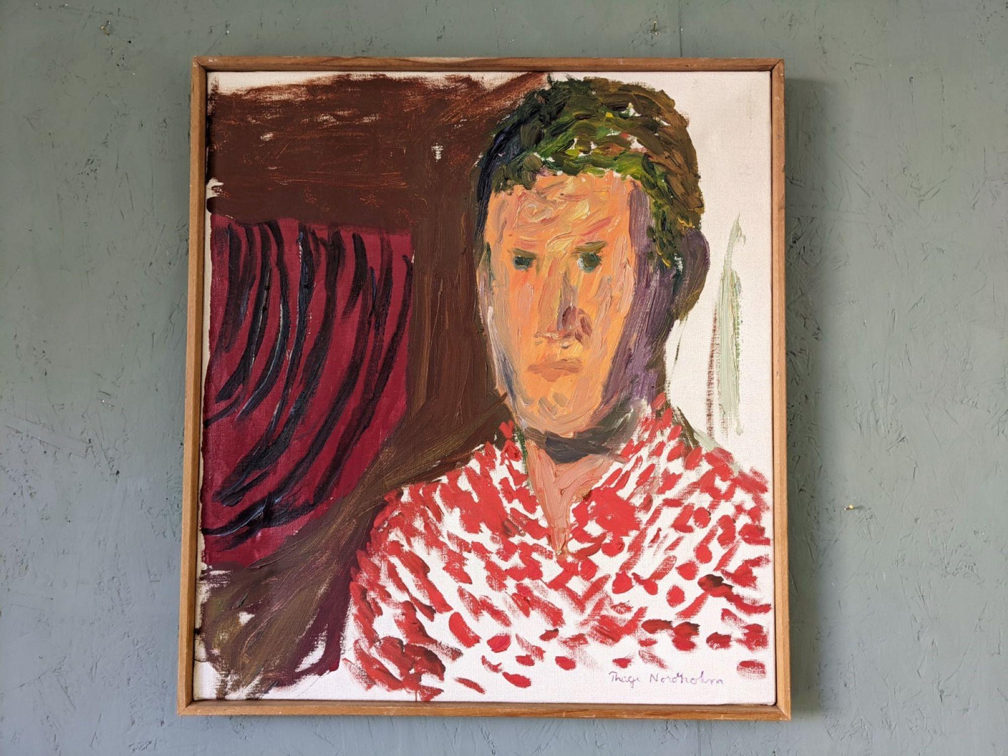 PAUL
Size: 58.5 x 53 cm (including frame)
Oil on canvas

A striking and expressive mid-century portrait painting, executed in oil onto canvas.

The composition depicts a male figure in an eye-catching red and white patterned shirt, against a
