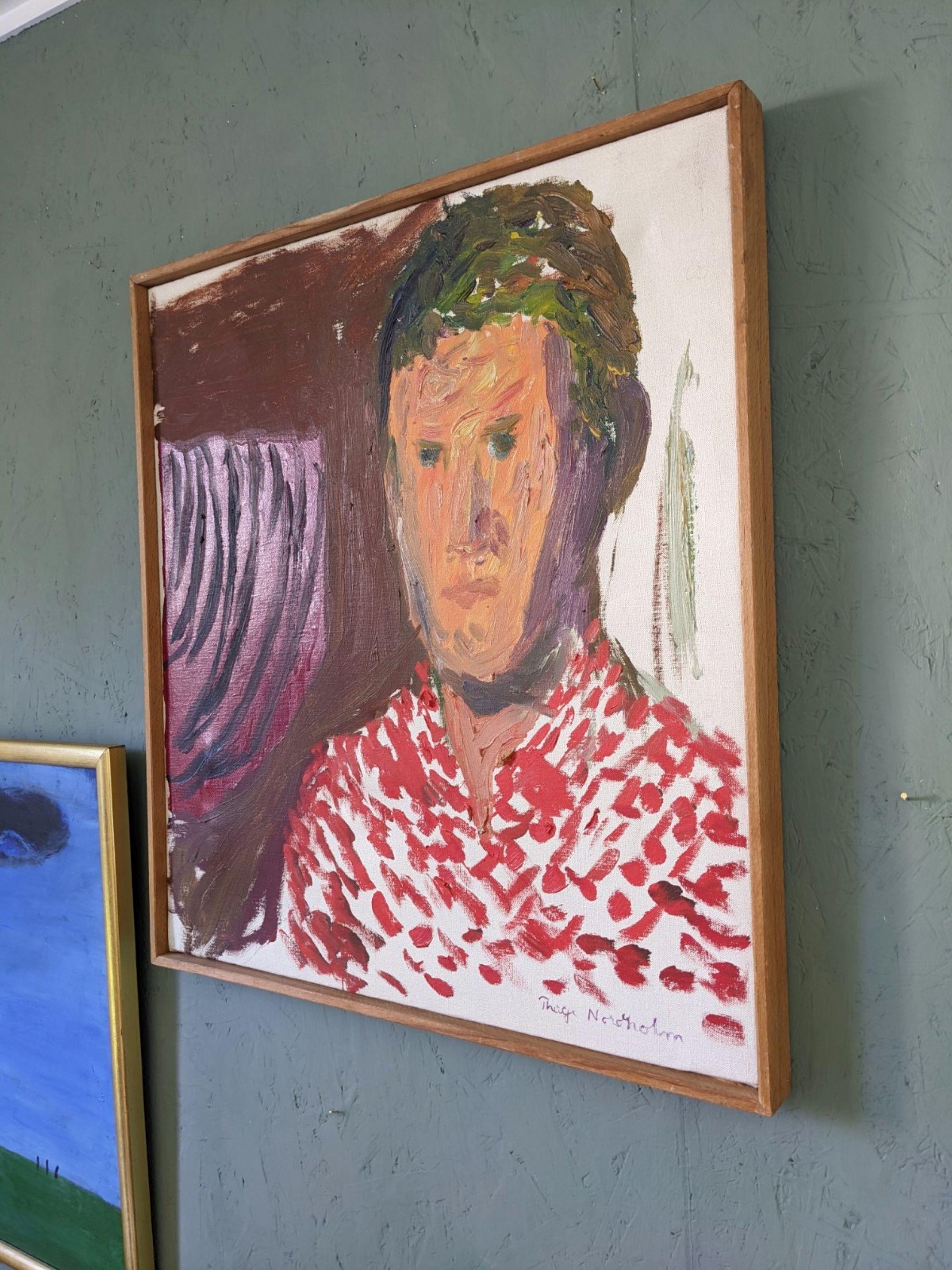 PAUL
Size: 58.5 x 53 cm (including frame)
Oil on canvas

A striking and expressive mid-century portrait painting, executed in oil onto canvas.

The composition depicts a male figure in an eye-catching red and white patterned shirt, against a