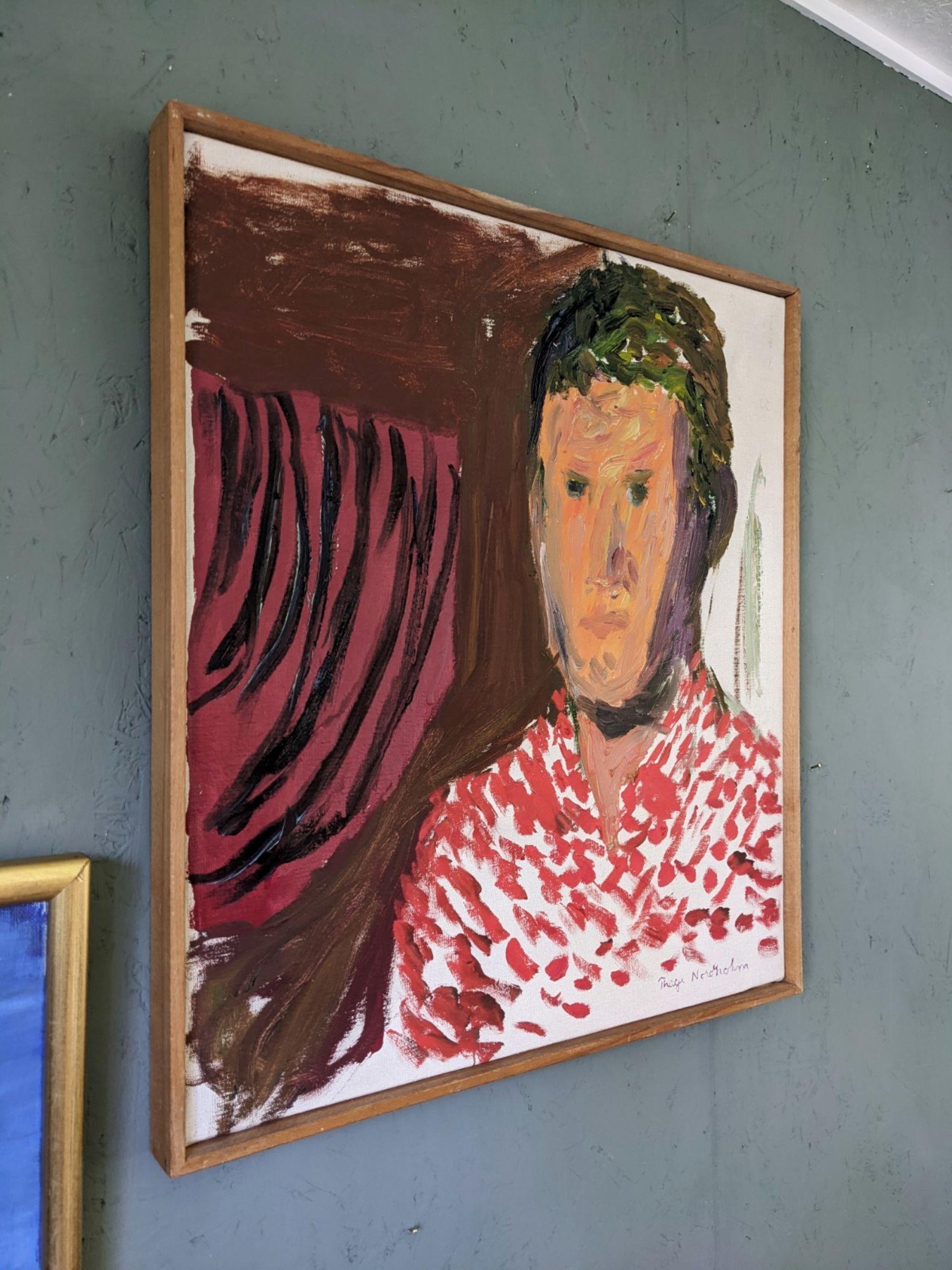 PAUL
Dimensions : 58,5 x 53 cm (cadre compris)
Huile sur toile

Un portrait saisissant et expressif du milieu du siècle, exécuté à l'huile sur toile.

La composition représente un homme vêtu d'une chemise à motifs rouges et blancs qui attire