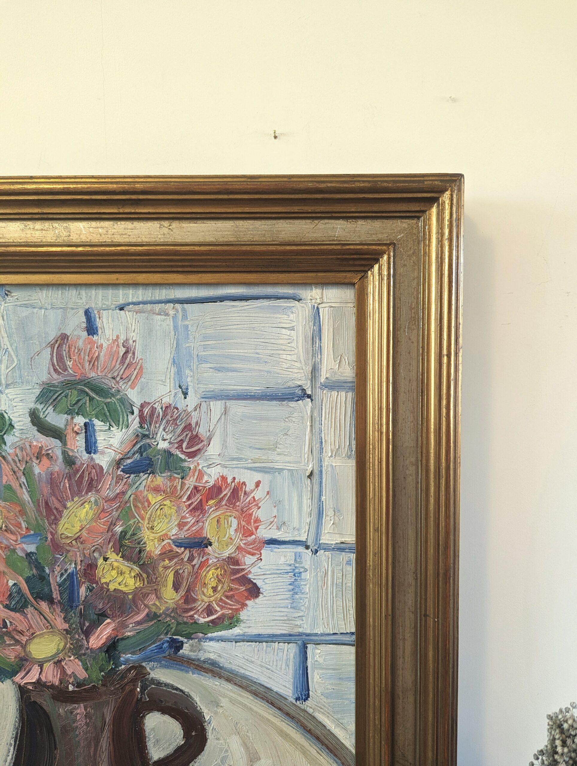 Vintage Mid-Century Swedish Framed Still Life Oil Painting - Pink Flowers For Sale 8
