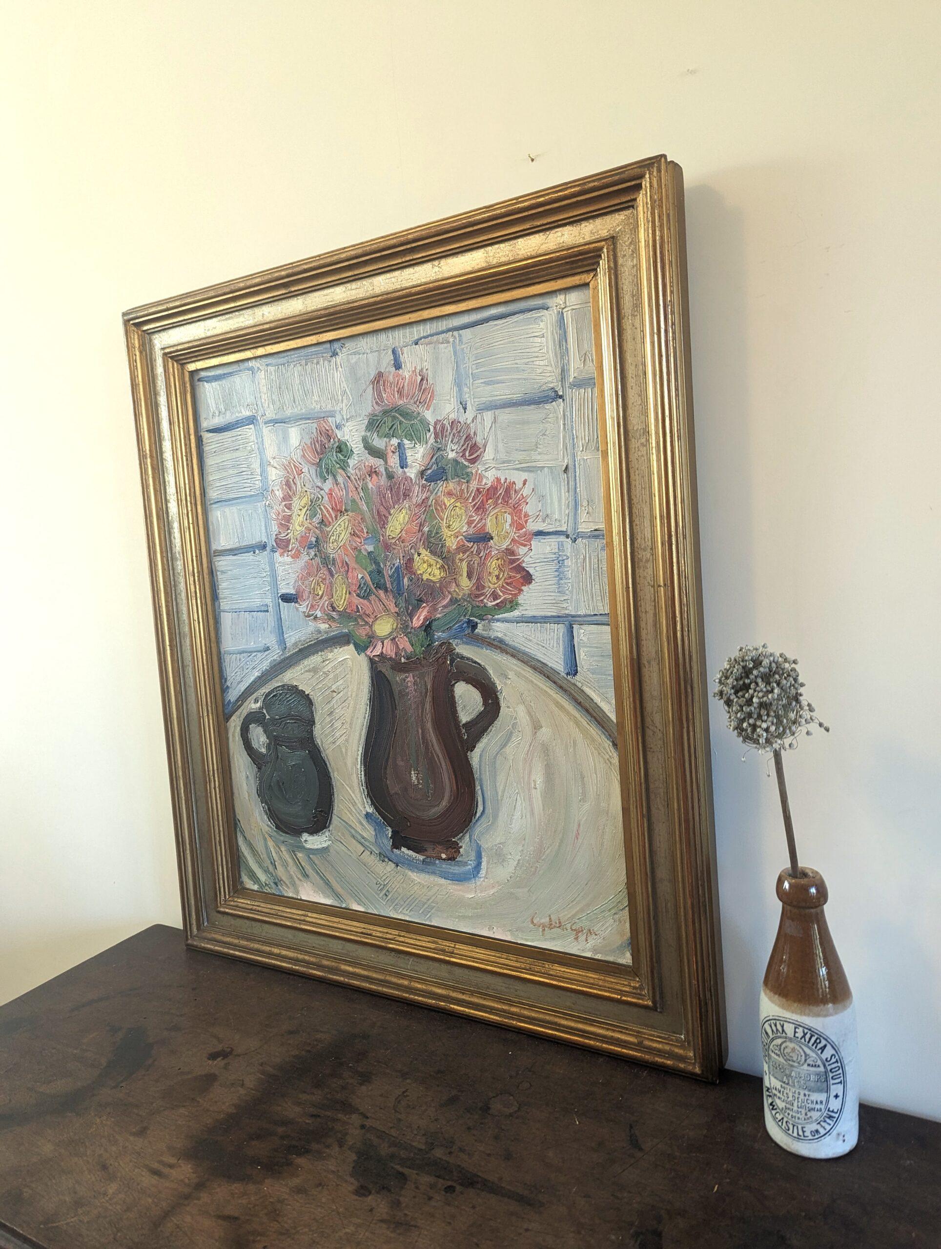 Vintage Mid-Century Swedish Framed Still Life Oil Painting - Pink Flowers For Sale 10