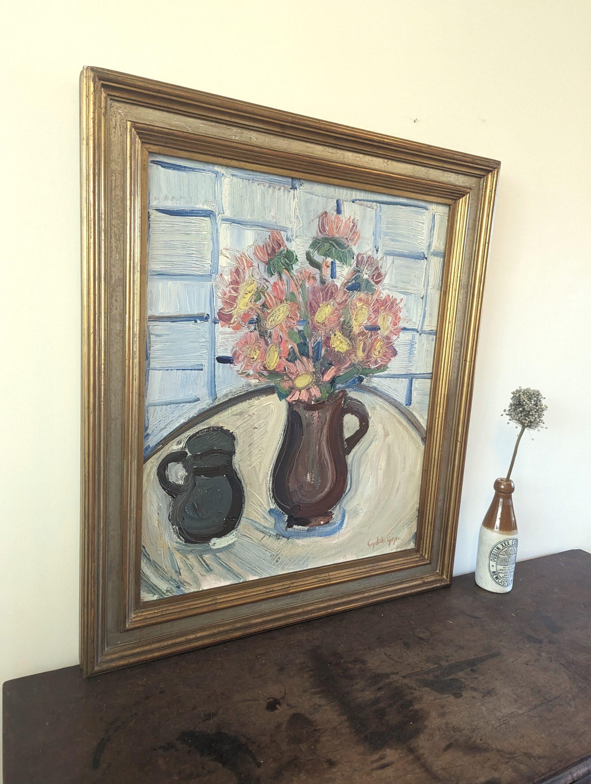 Vintage Mid-Century Swedish Framed Still Life Oil Painting - Pink Flowers For Sale 11