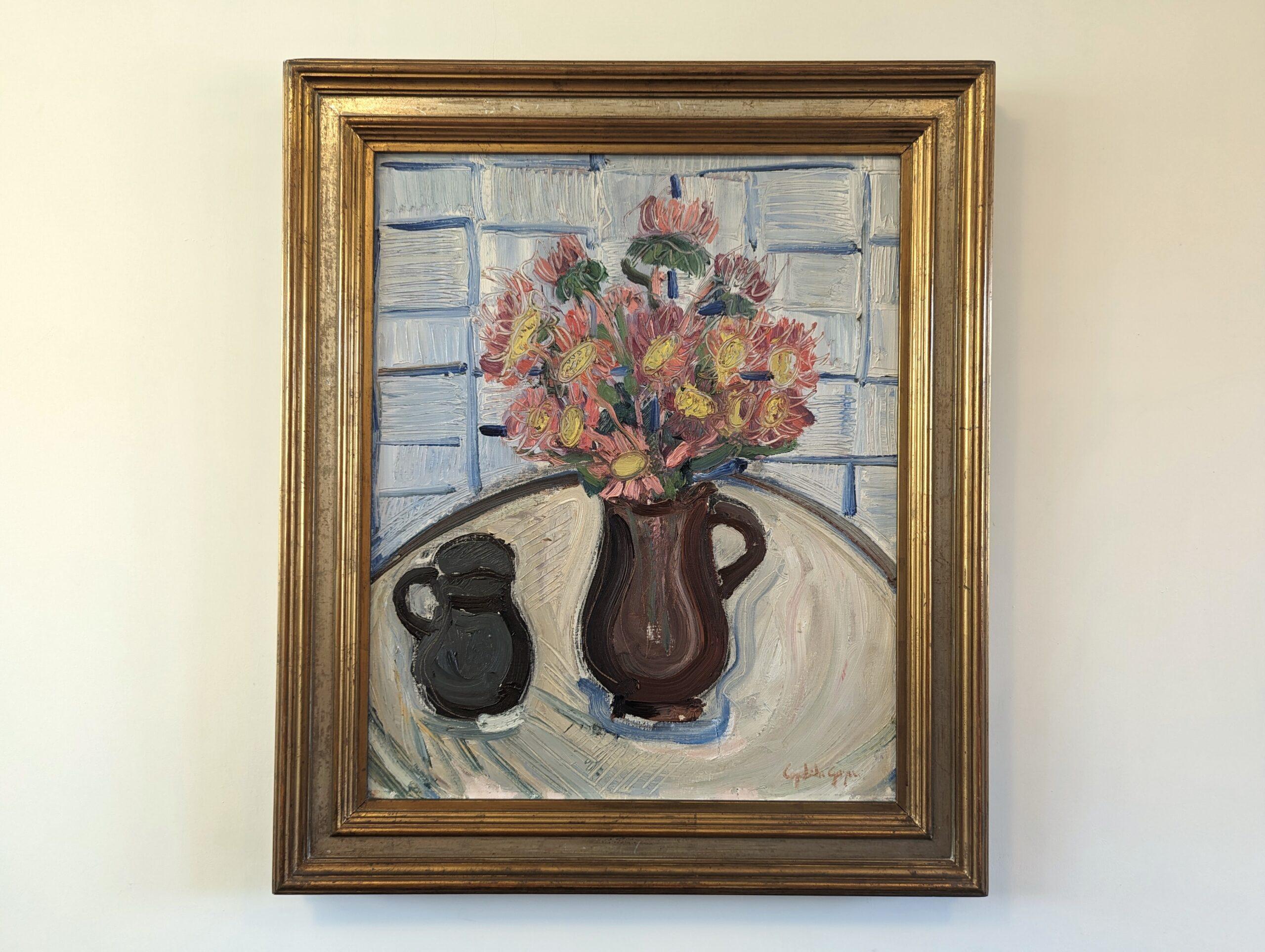Vintage Mid-Century Swedish Framed Still Life Oil Painting - Pink Flowers For Sale 13