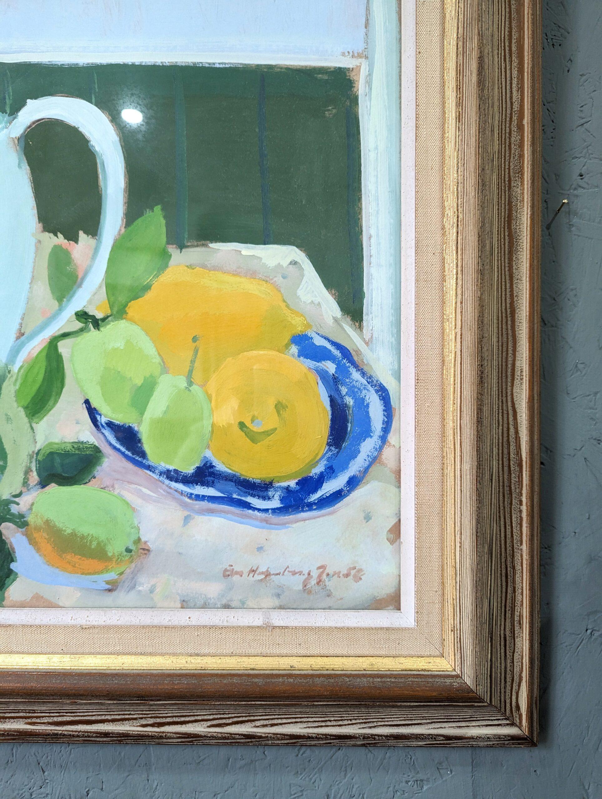 Vintage Mid-Century Swedish Framed Still Life Oil Painting - Teapot & Fruit 1958 7