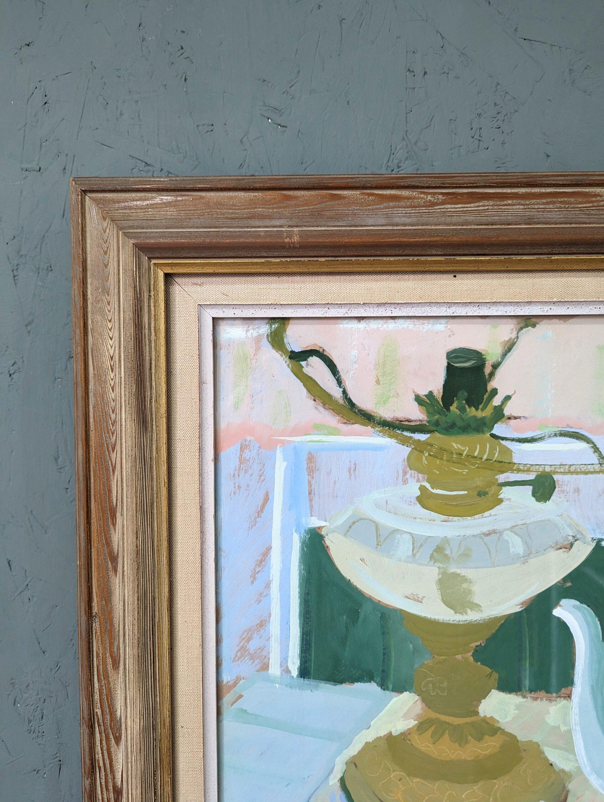 Vintage Mid-Century Swedish Framed Still Life Oil Painting - Teapot & Fruit 1958 9