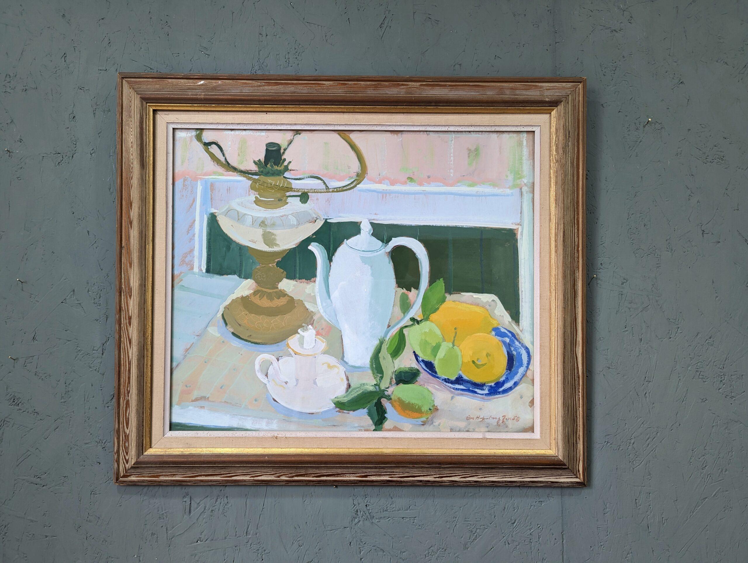 Vintage Mid-Century Swedish Framed Still Life Oil Painting - Teapot & Fruit 1958 - Gray Still-Life Painting by Unknown