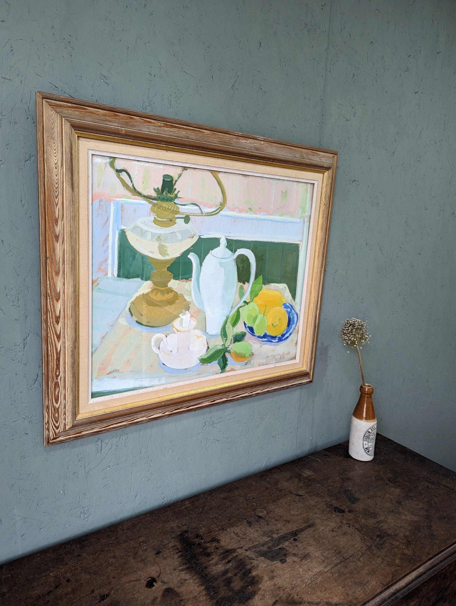 Vintage Mid-Century Swedish Framed Still Life Oil Painting - Teapot & Fruit 1958 1