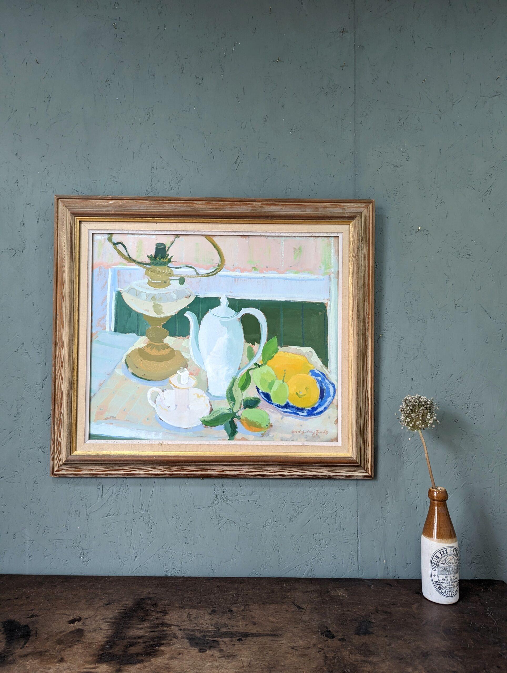 Vintage Mid-Century Swedish Framed Still Life Oil Painting - Teapot & Fruit 1958 2
