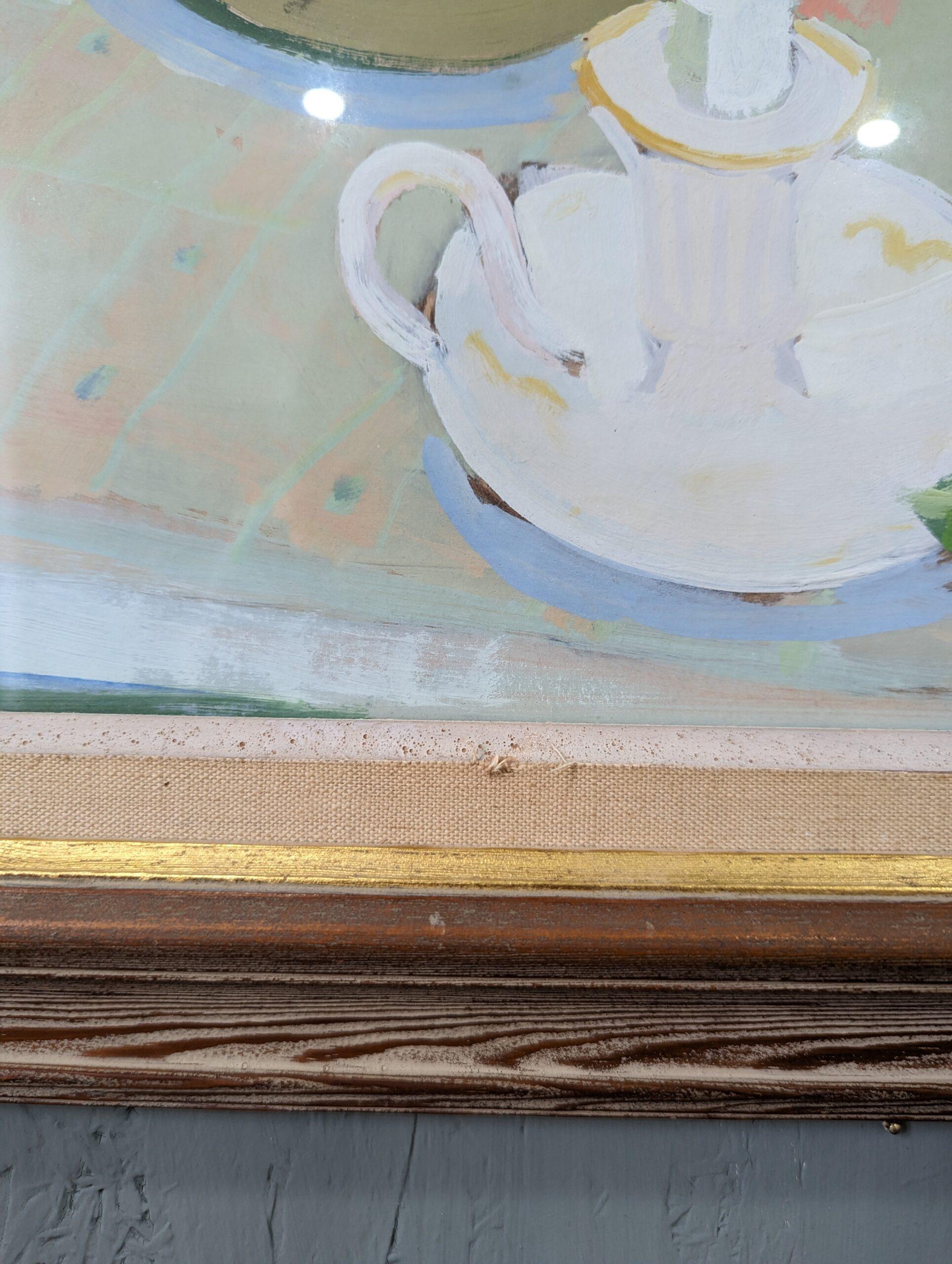 Nature morte à l'huile encadrée de style suédois du milieu du siècle - Théière et fruits 1958 1