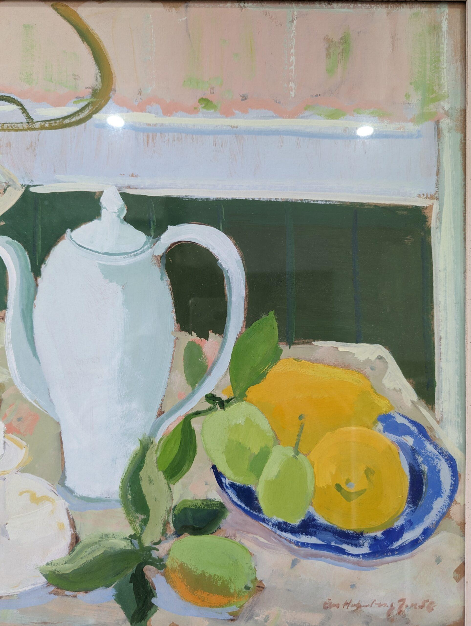 Vintage Mid-Century Swedish Framed Still Life Oil Painting - Teapot & Fruit 1958 4
