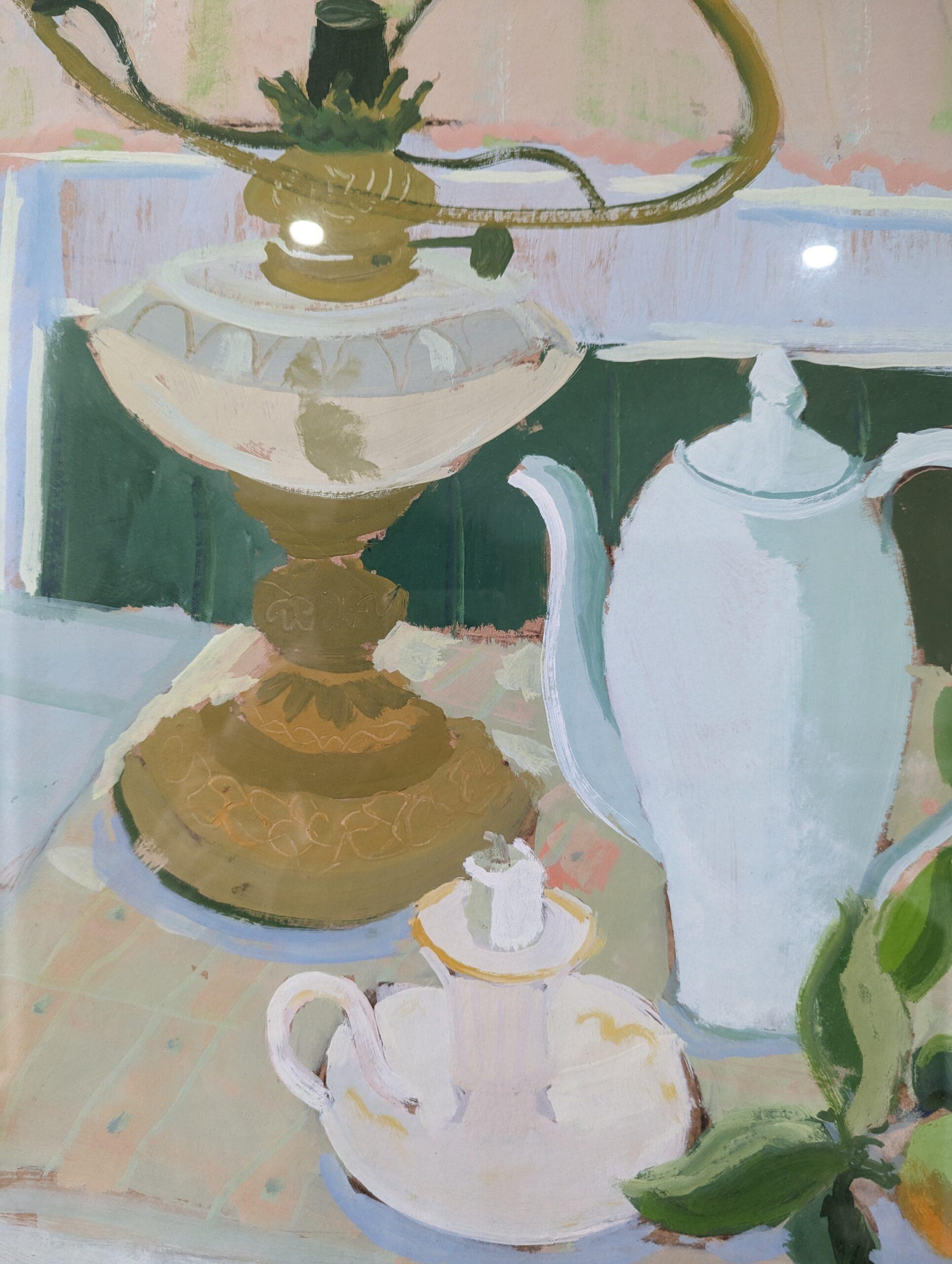 Vintage Mid-Century Swedish Framed Still Life Oil Painting - Teapot & Fruit 1958 5