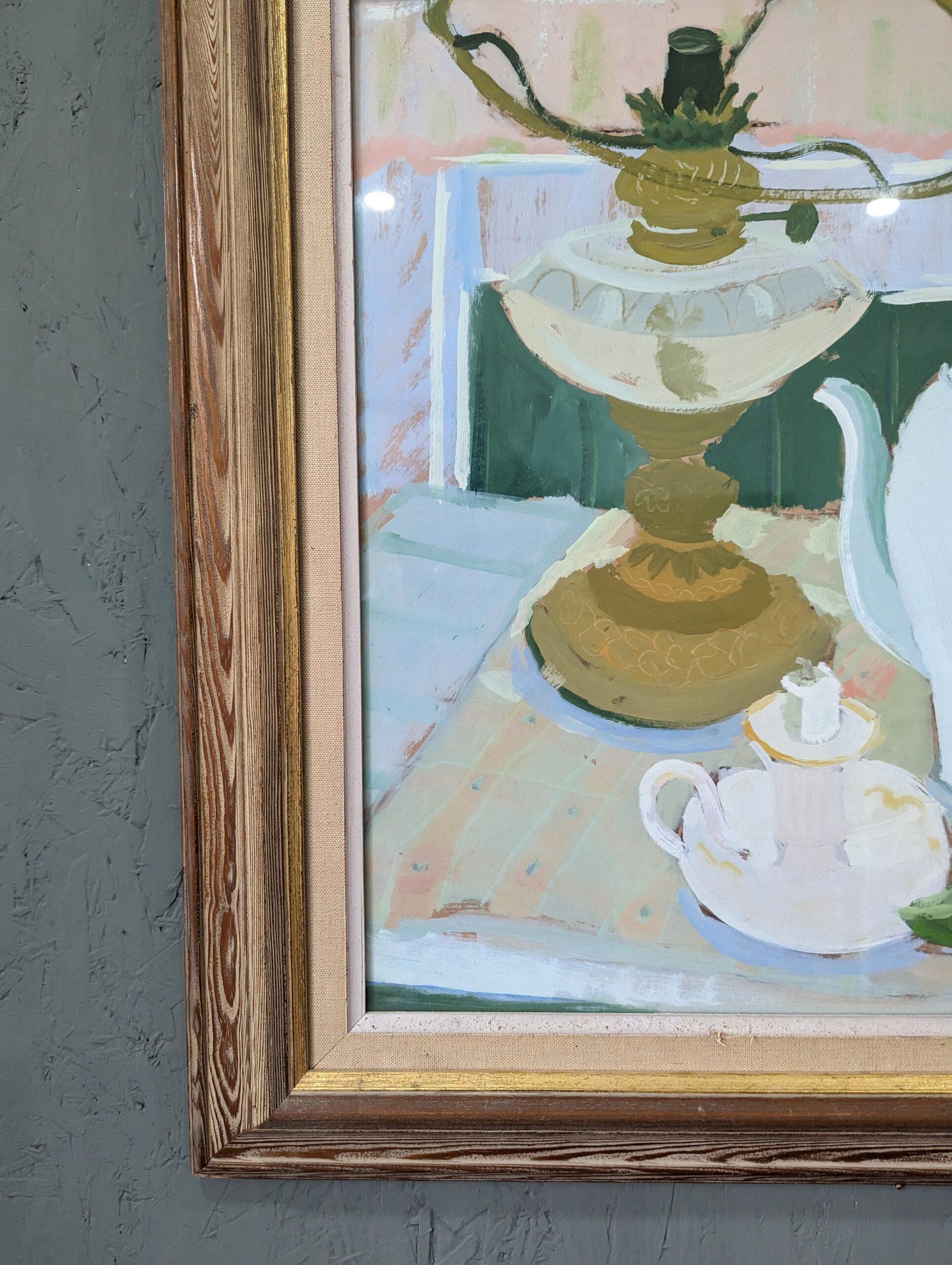 Vintage Mid-Century Swedish Framed Still Life Oil Painting - Teapot & Fruit 1958 6