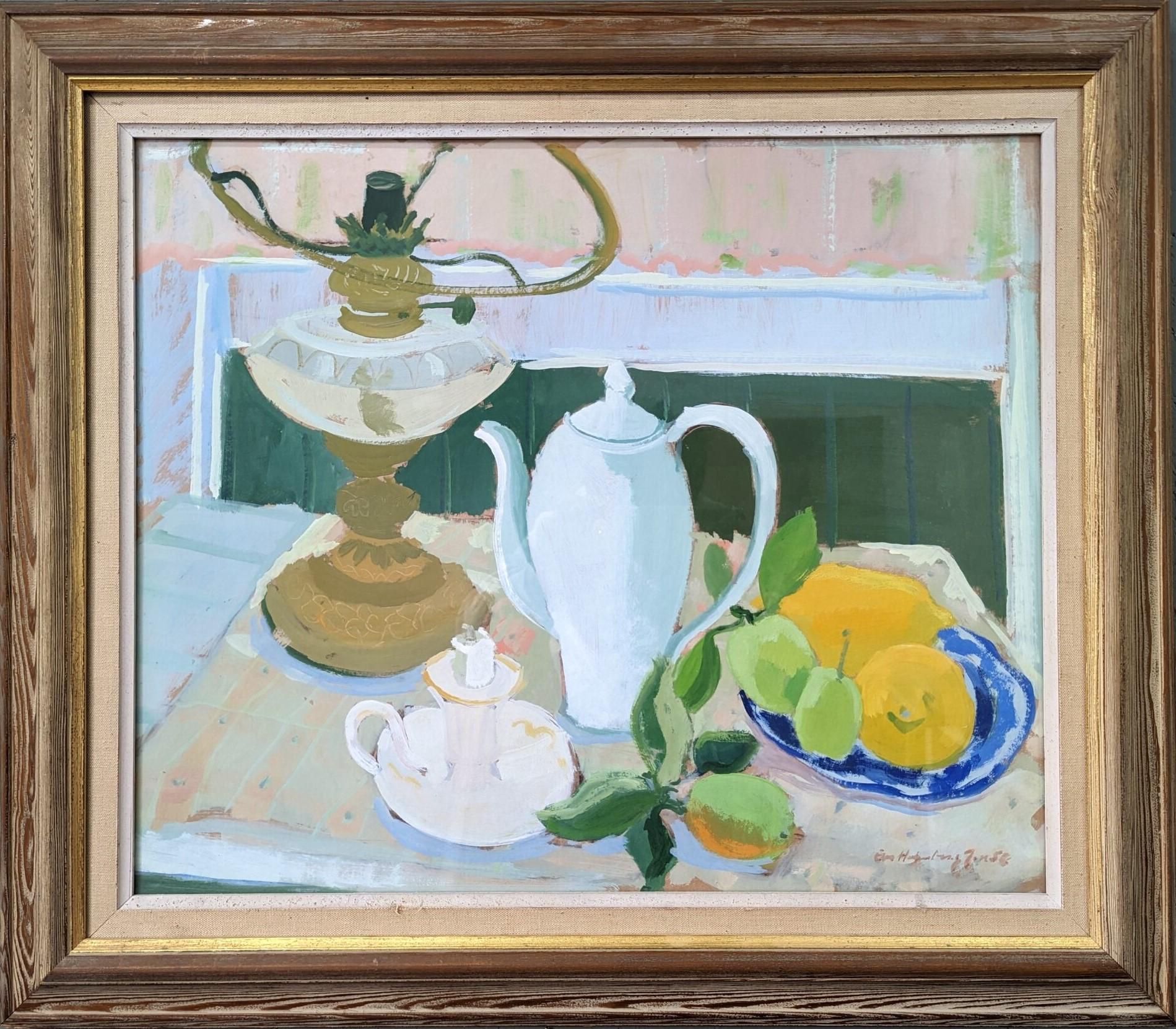 Unknown Still-Life Painting - Vintage Mid-Century Swedish Framed Still Life Oil Painting - Teapot & Fruit 1958