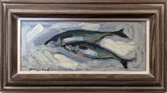Vintage Mid-Century Swedish Framed Still Life Oil Painting - Two Fish