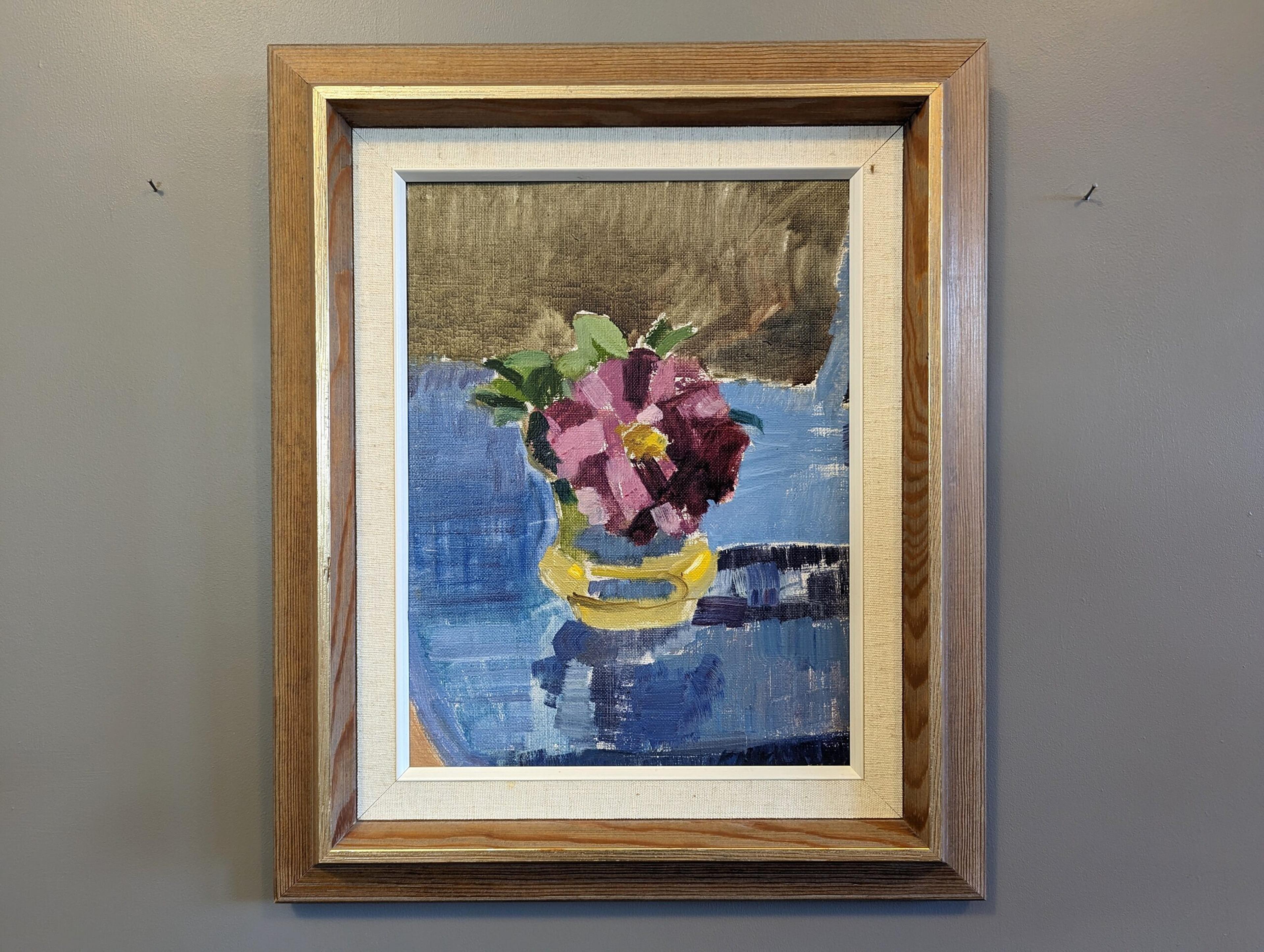 WILD ROSE 
Size: 47 x 39 cm (including frame)
Oil on Canvas

A characterful mid-century modernist still life composition, executed in oil onto canvas.

A wild rose placed within a yellow vase takes centre stage in this composition. The pink-purple