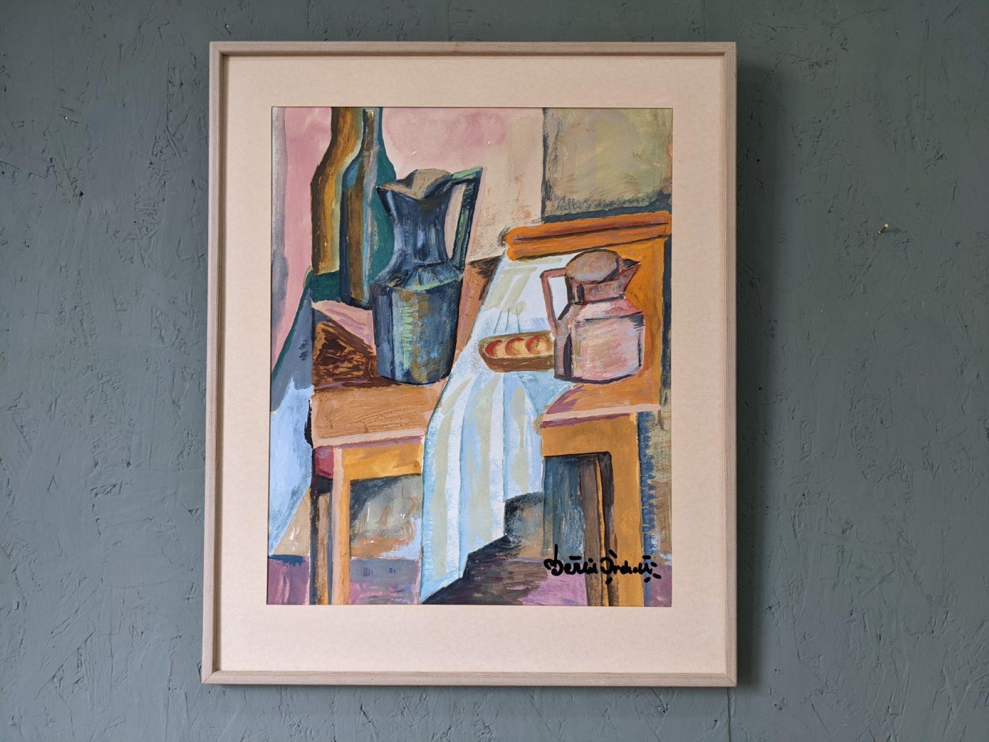 Vintage Mid Century Swedish Framed Still Life, Watercolour - Tabletop Setting - Painting by Unknown