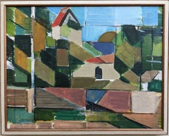 Vintage Mid-Century Swedish Geometric Landscape Framed Oil Painting - Planar