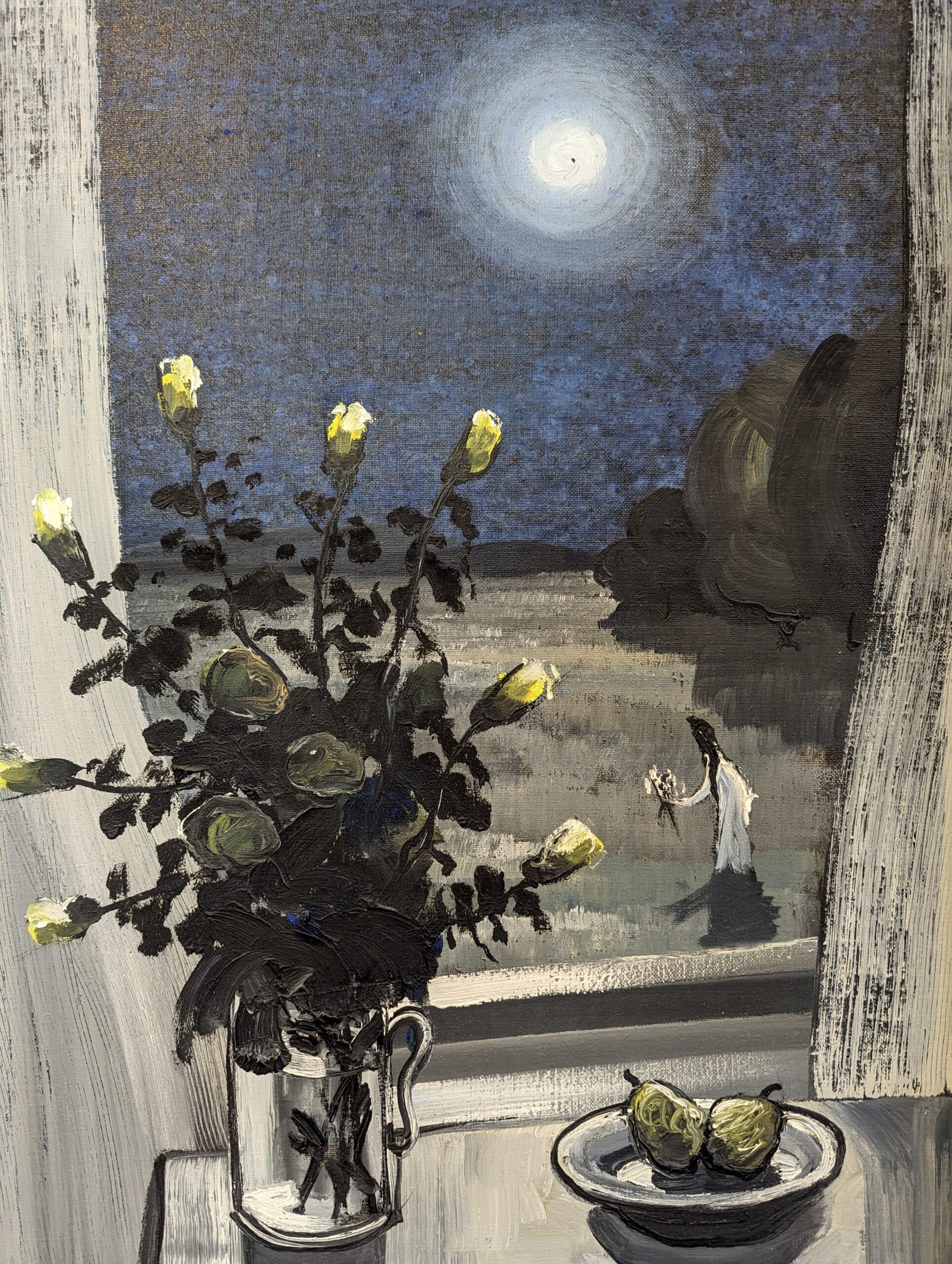 Vintage Mid-Century Swedish Interior Setting Oil Painting - Midnight Blues For Sale 8