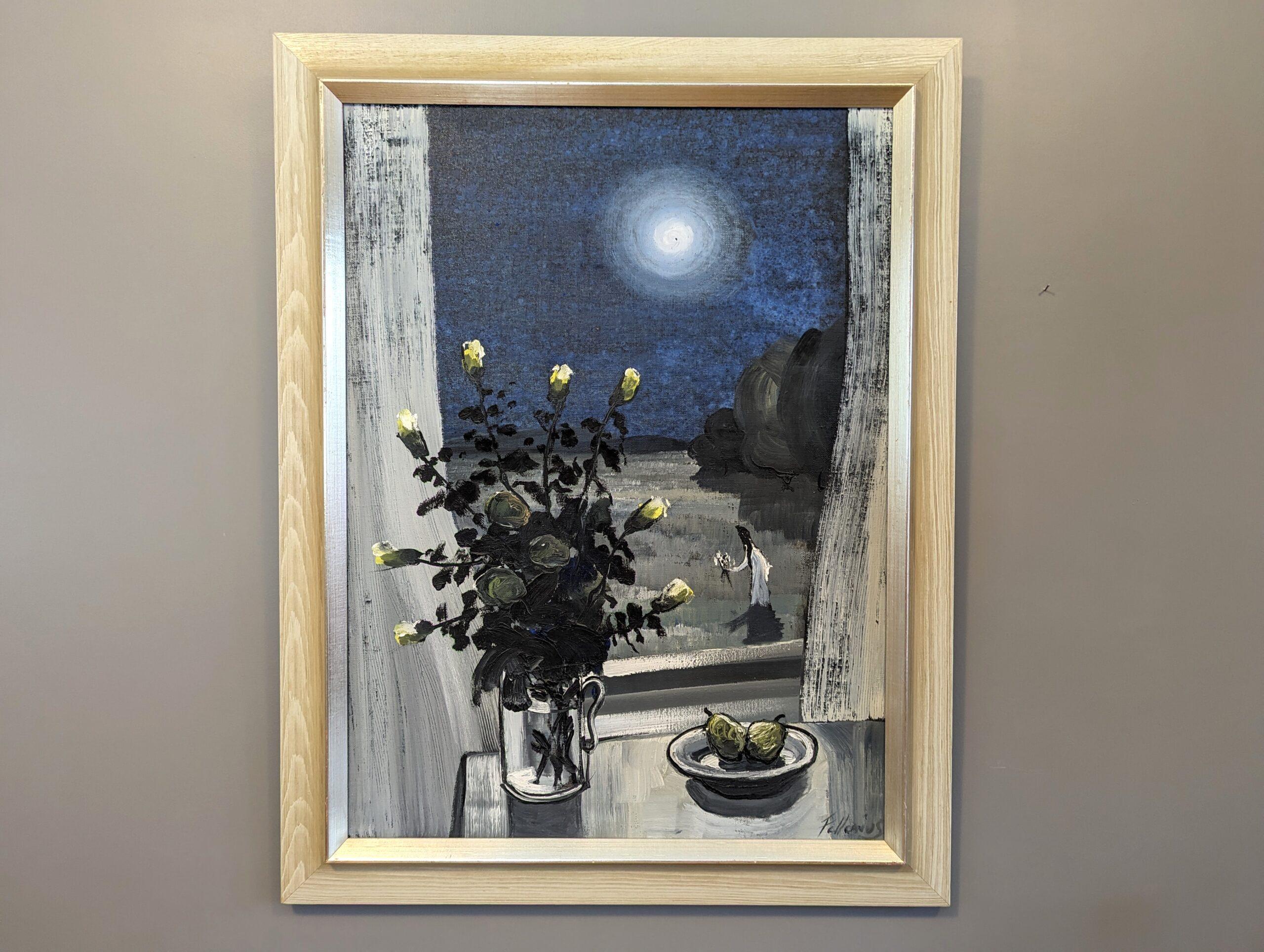 MIDNIGHT BLUES
Size: 59 x 82 cm (including frame)
Oil on Canvas

A large and atmospheric mid-century composition captures the enchanting ambiance of nightfall, executed in oil onto canvas.

Resting upon a window sill is with a vase of delicate