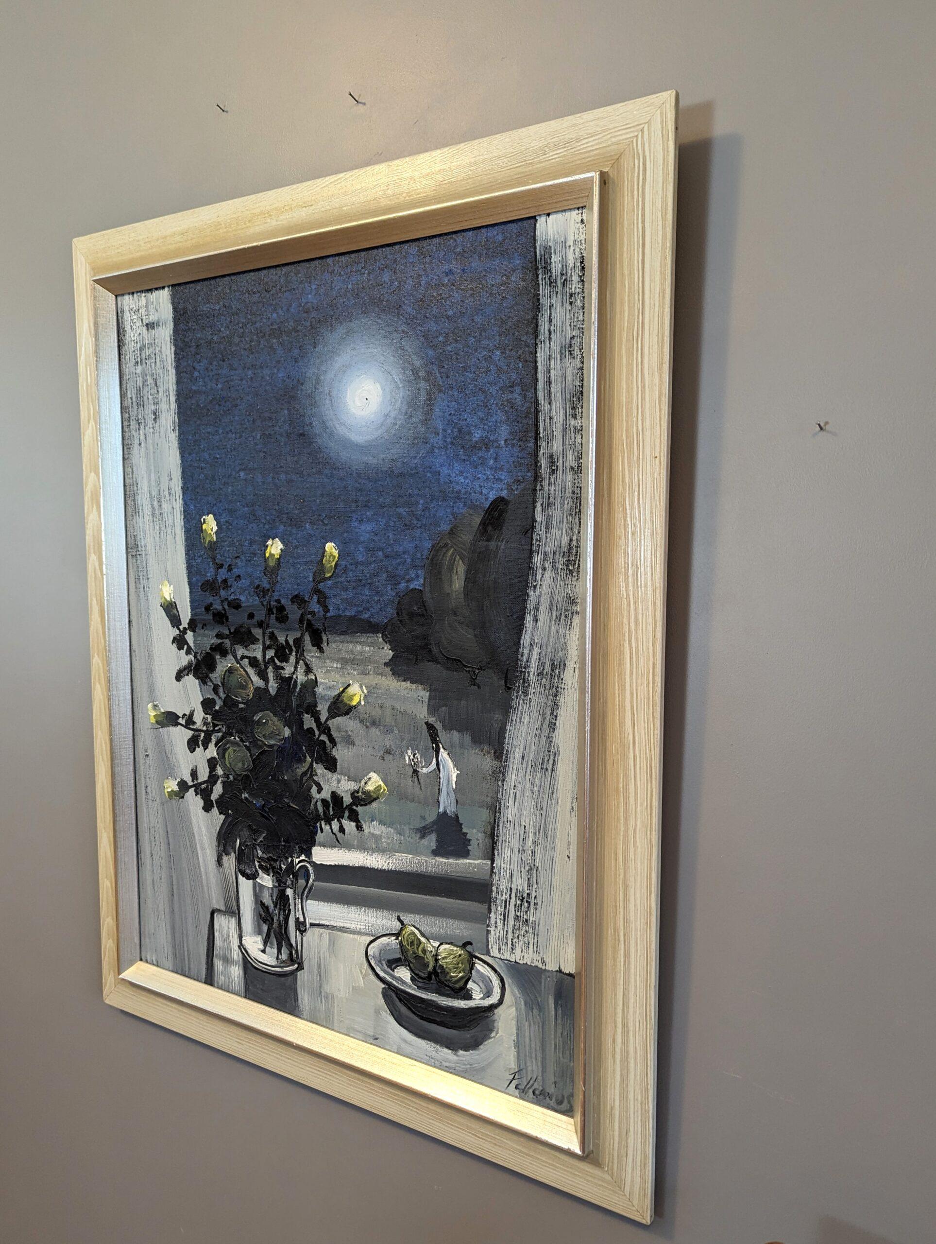 Vintage Mid-Century Swedish Interior Setting Oil Painting - Midnight Blues For Sale 2