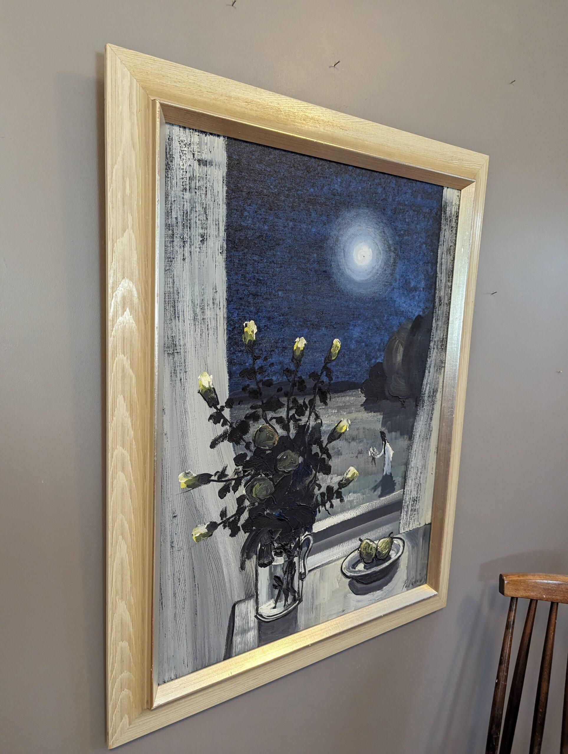 Vintage Mid-Century Swedish Interior Setting Oil Painting - Midnight Blues For Sale 3