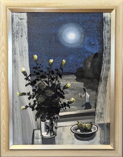 Vintage Mid-Century Swedish Interior Setting Oil Painting - Midnight Blues