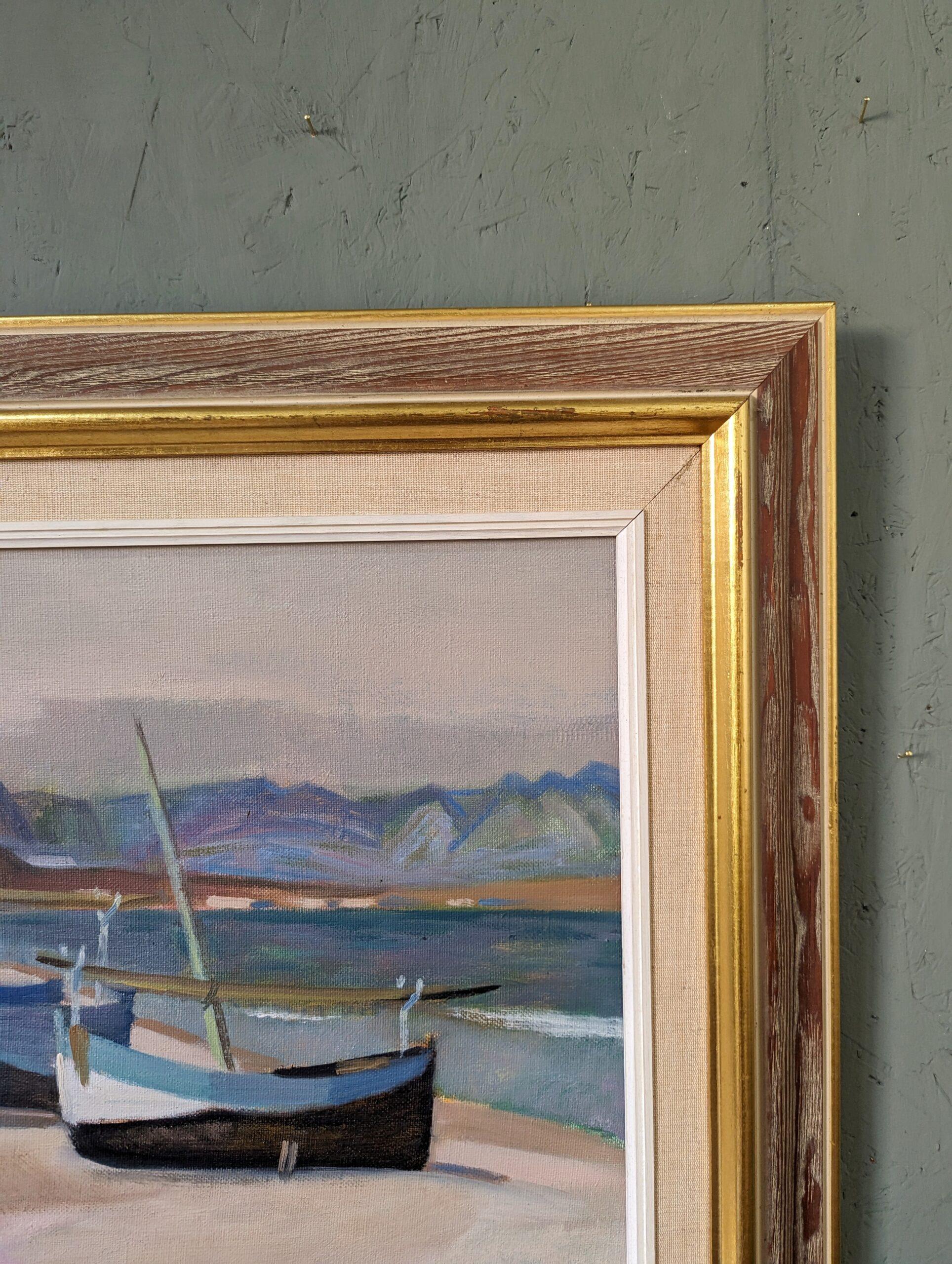 Vintage Mid-Century Swedish Landscape Framed Oil Painting - Calm Shore For Sale 7