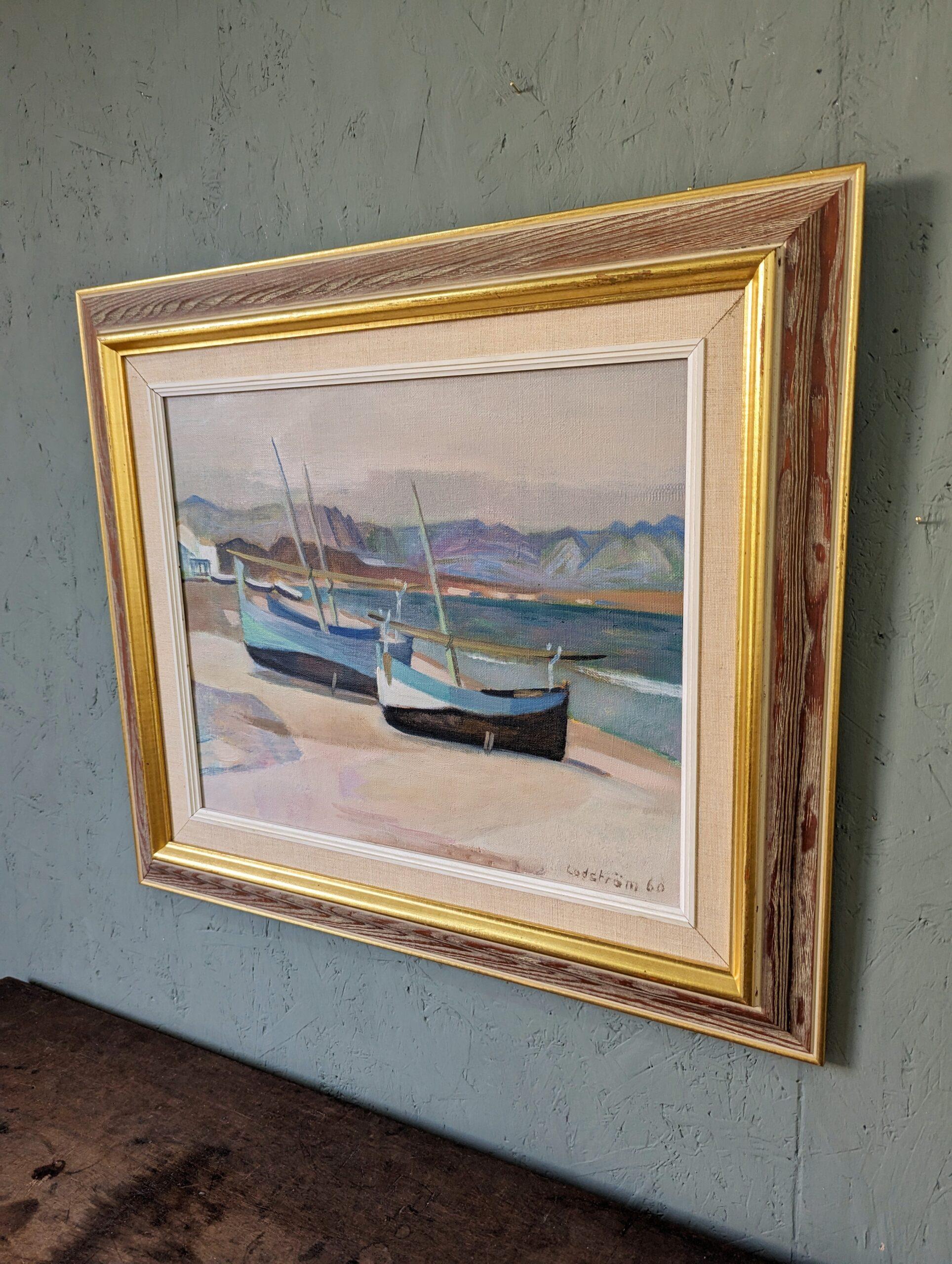 Vintage Mid-Century Swedish Landscape Framed Oil Painting - Calm Shore For Sale 9