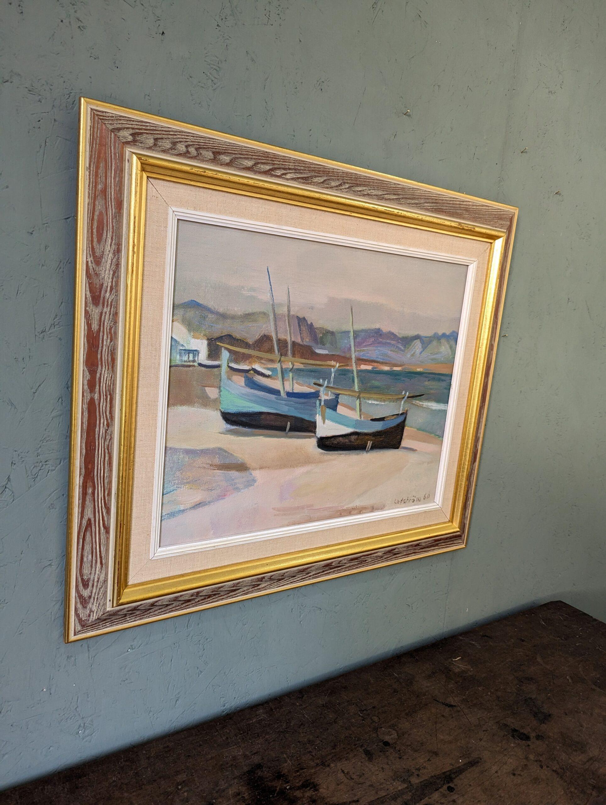 Vintage Mid-Century Swedish Landscape Framed Oil Painting - Calm Shore For Sale 10