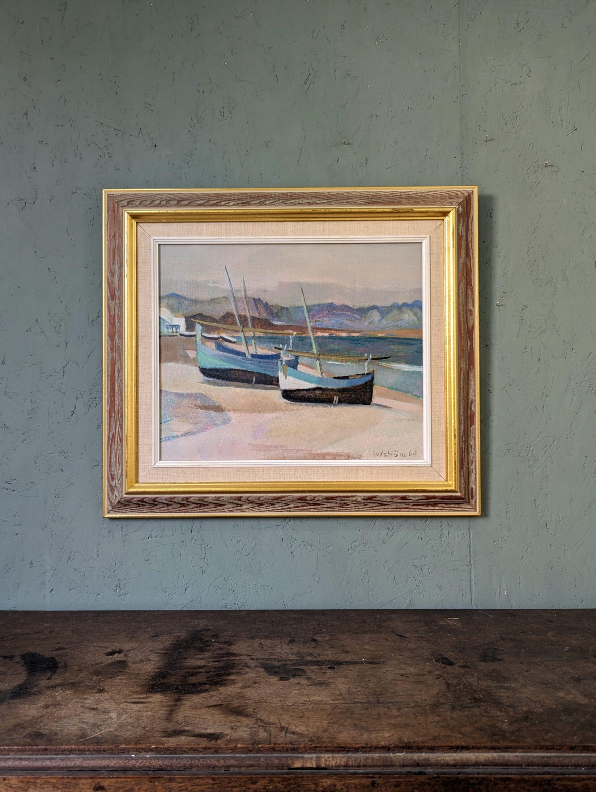 Vintage Mid-Century Swedish Landscape Framed Oil Painting - Calm Shore 11