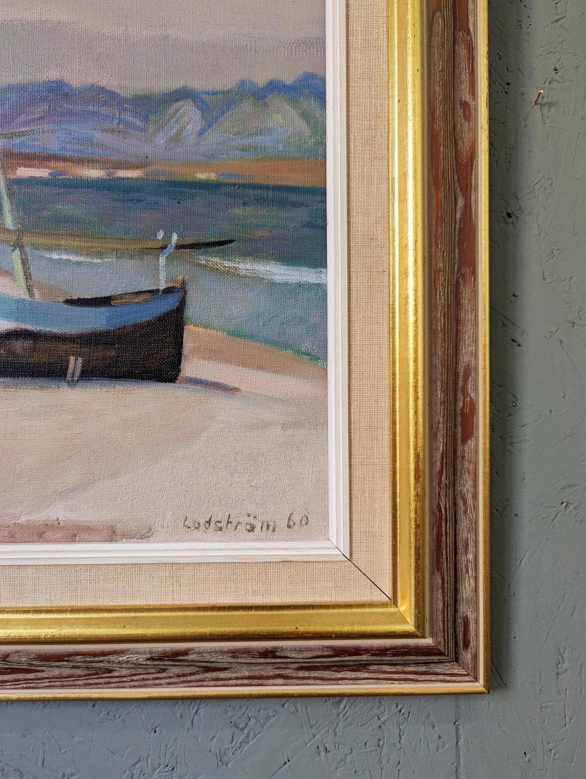 Vintage Mid-Century Swedish Landscape Framed Oil Painting - Calm Shore 6