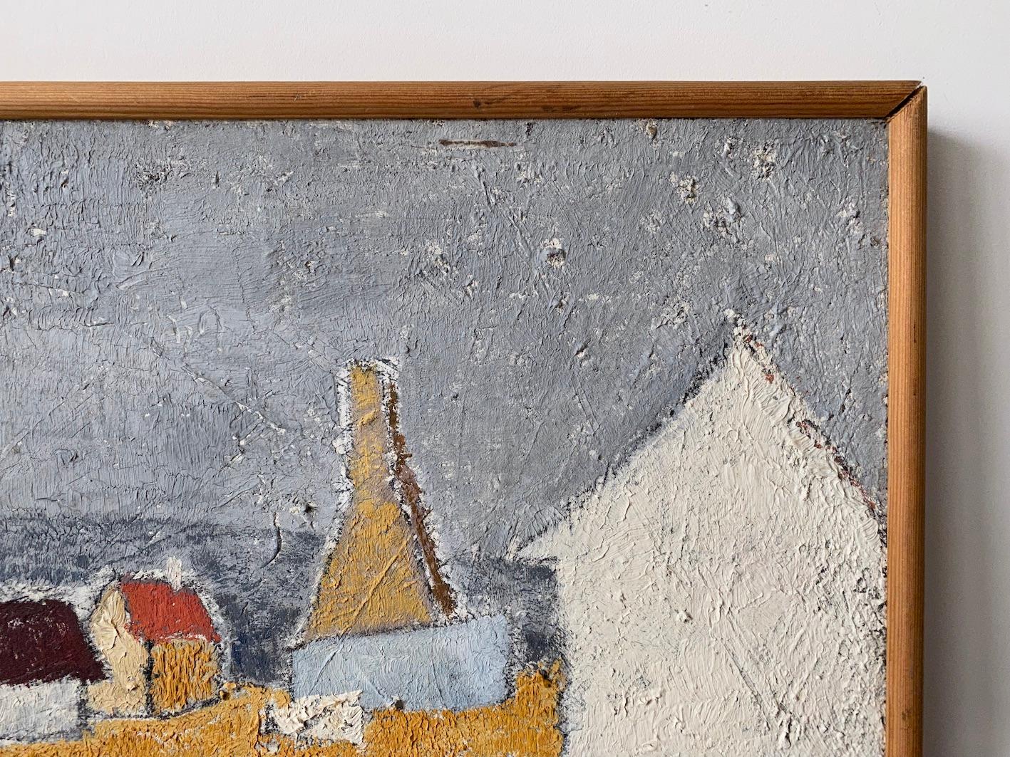 Vintage Mid-Century Swedish Landscape Framed Oil Painting - Orange Road 8