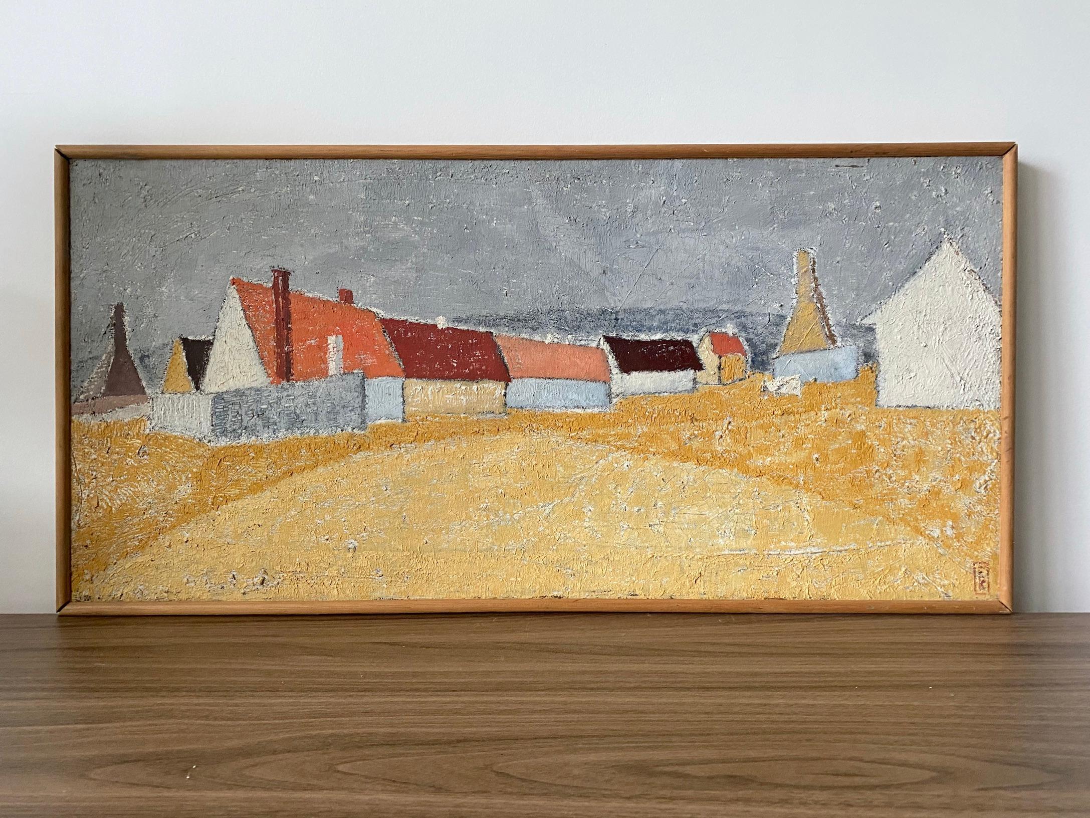 ORANGE ROAD
Size: 36.5 x 74 cm (including frame)
Oil on canvas

A wonderfully executed mid century modernist composition in oil, painted onto canvas.

Here the artist has played with colour, form and texture. A row of houses have been reduced to