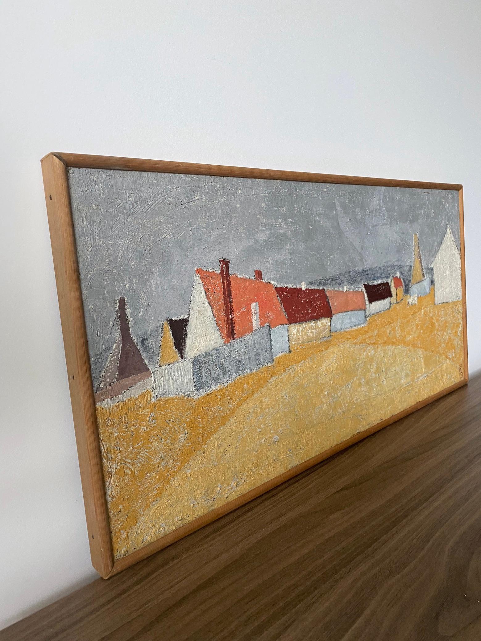 Vintage Mid-Century Swedish Landscape Framed Oil Painting - Orange Road 3