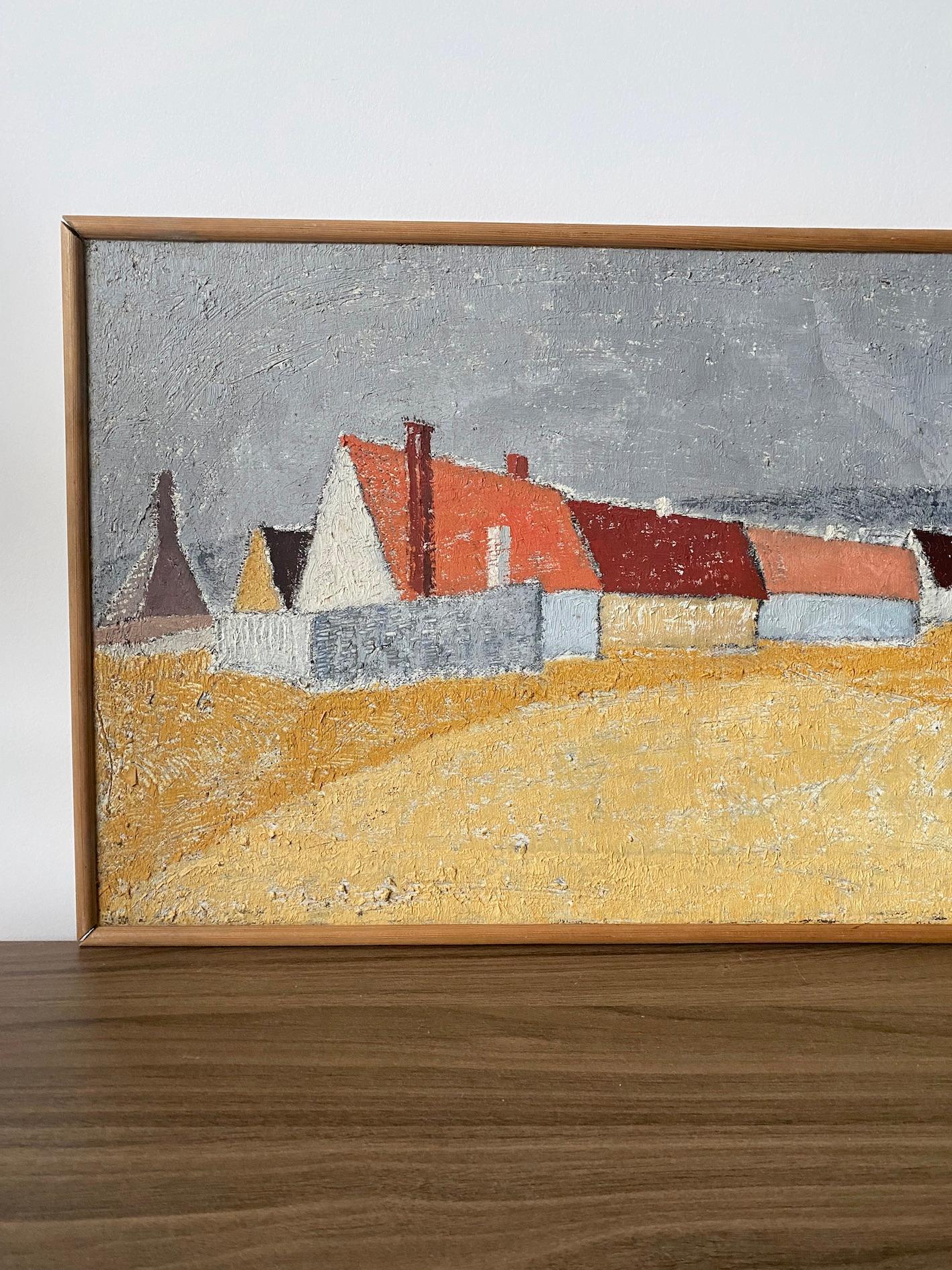 Vintage Mid-Century Swedish Landscape Framed Oil Painting - Orange Road 4