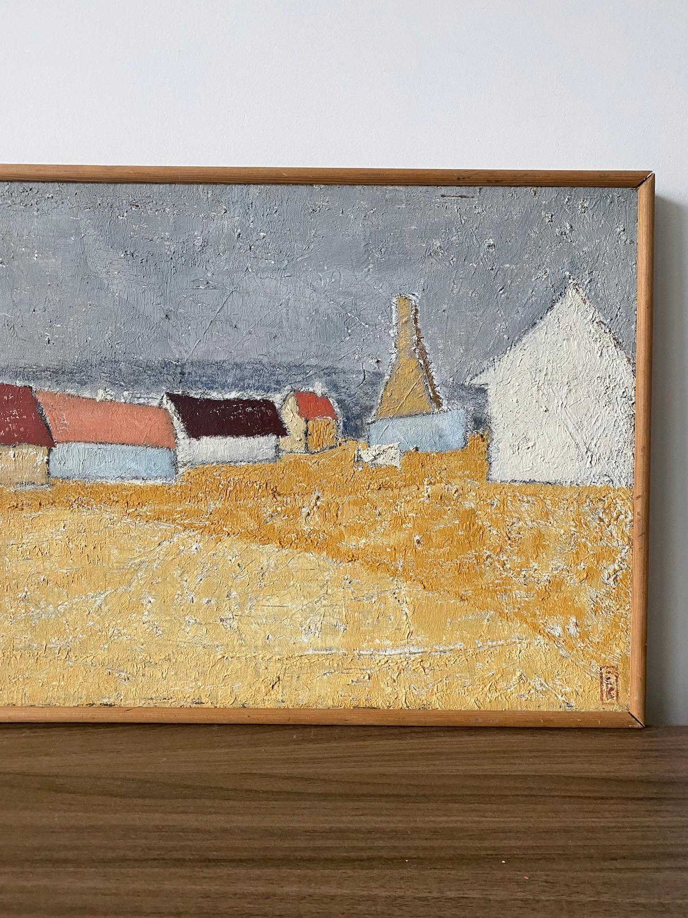 Vintage Mid-Century Swedish Landscape Framed Oil Painting - Orange Road 5